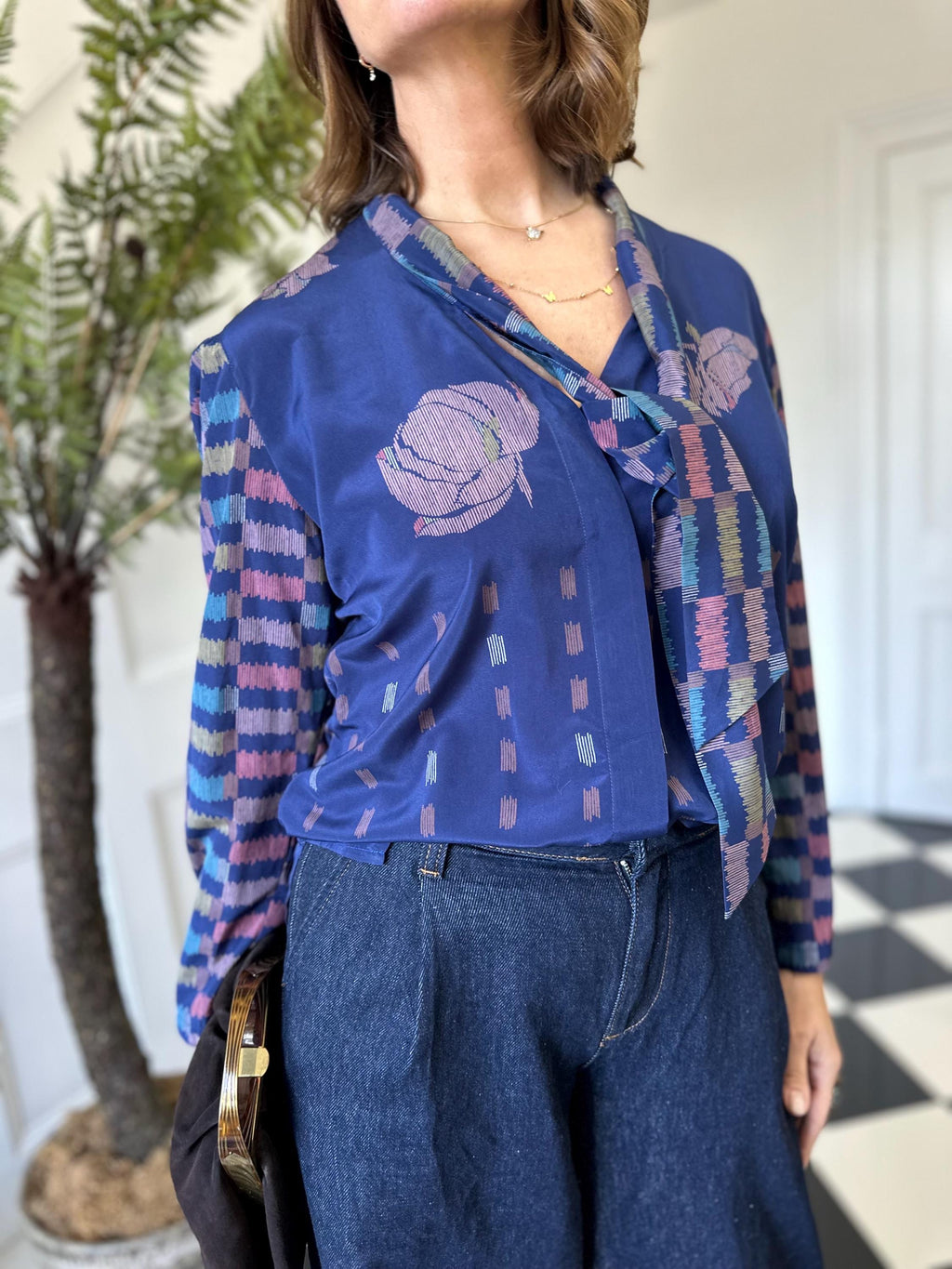 Vintage blue bussybow long sleeve blouse geometric print design