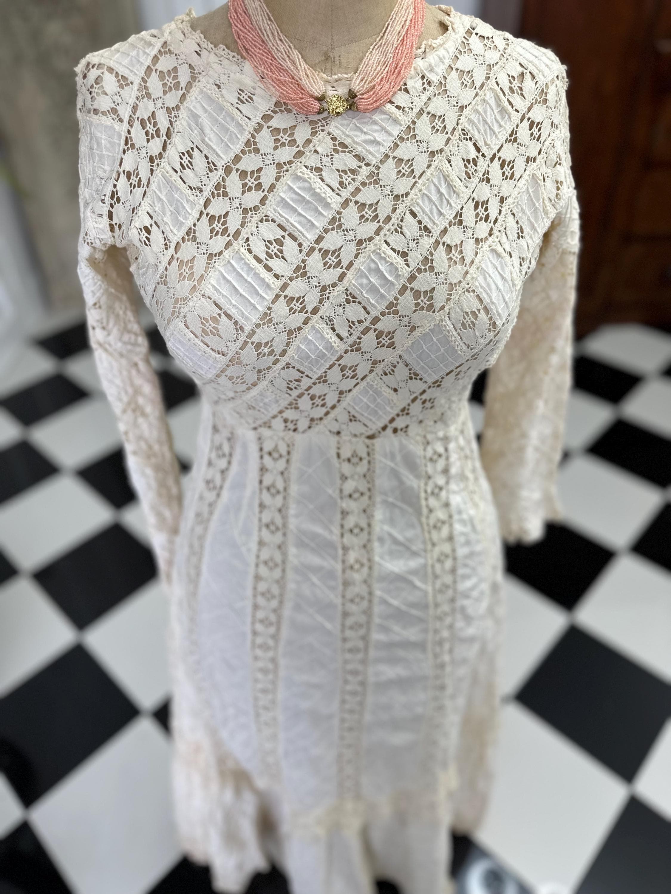 1970 cotton and lace maxi dress with long sleeves