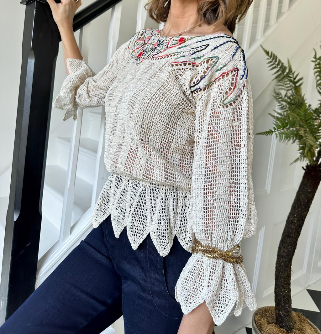 Vintage 1970 hand crochet floral lace blouse