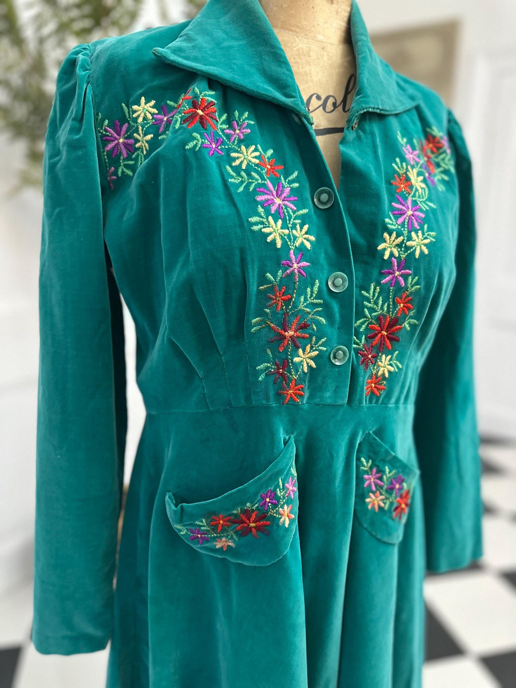 1940s velvet long sleeve dress with hand embroidery details