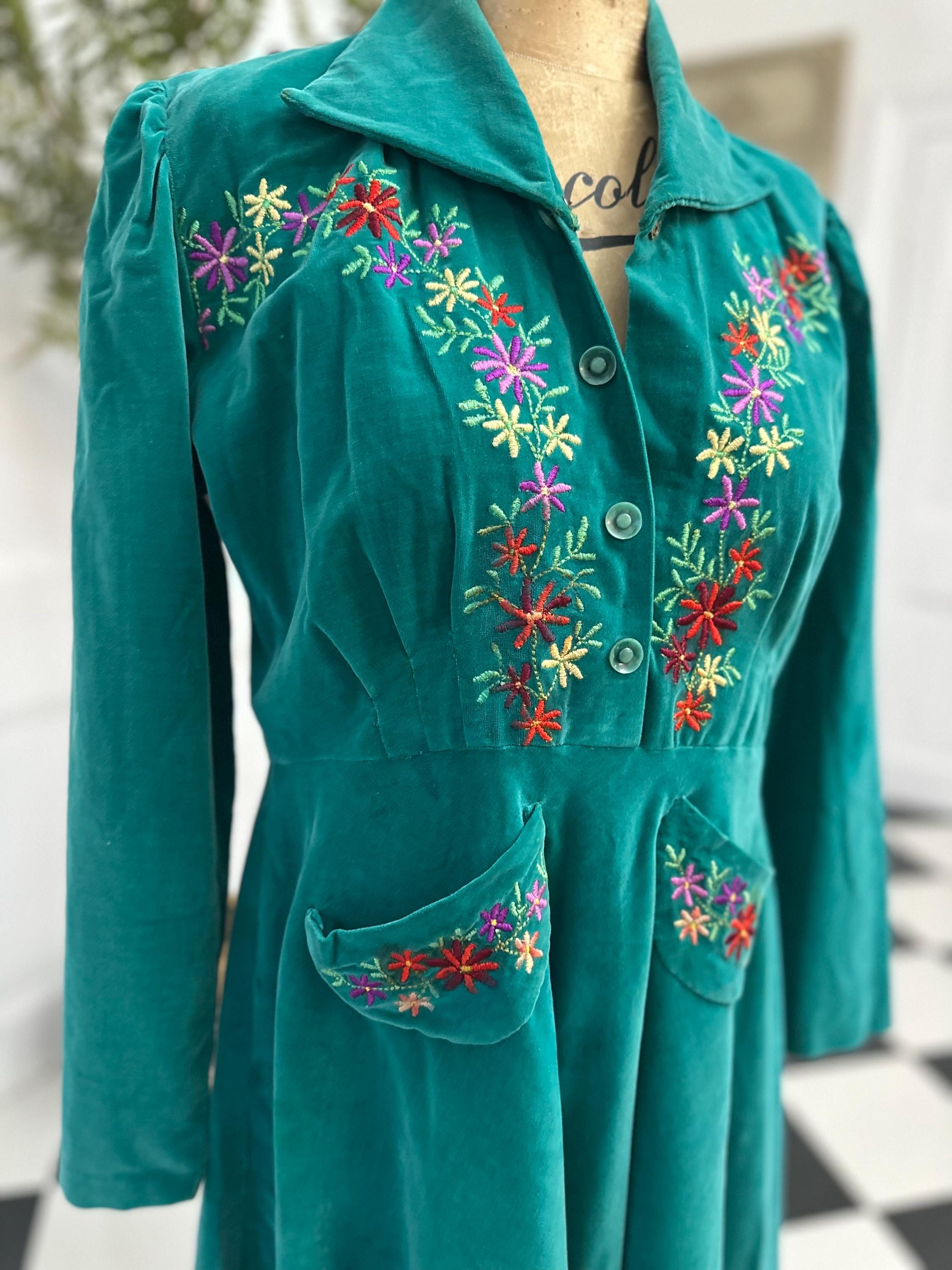 1940s velvet long sleeve dress with hand embroidery details