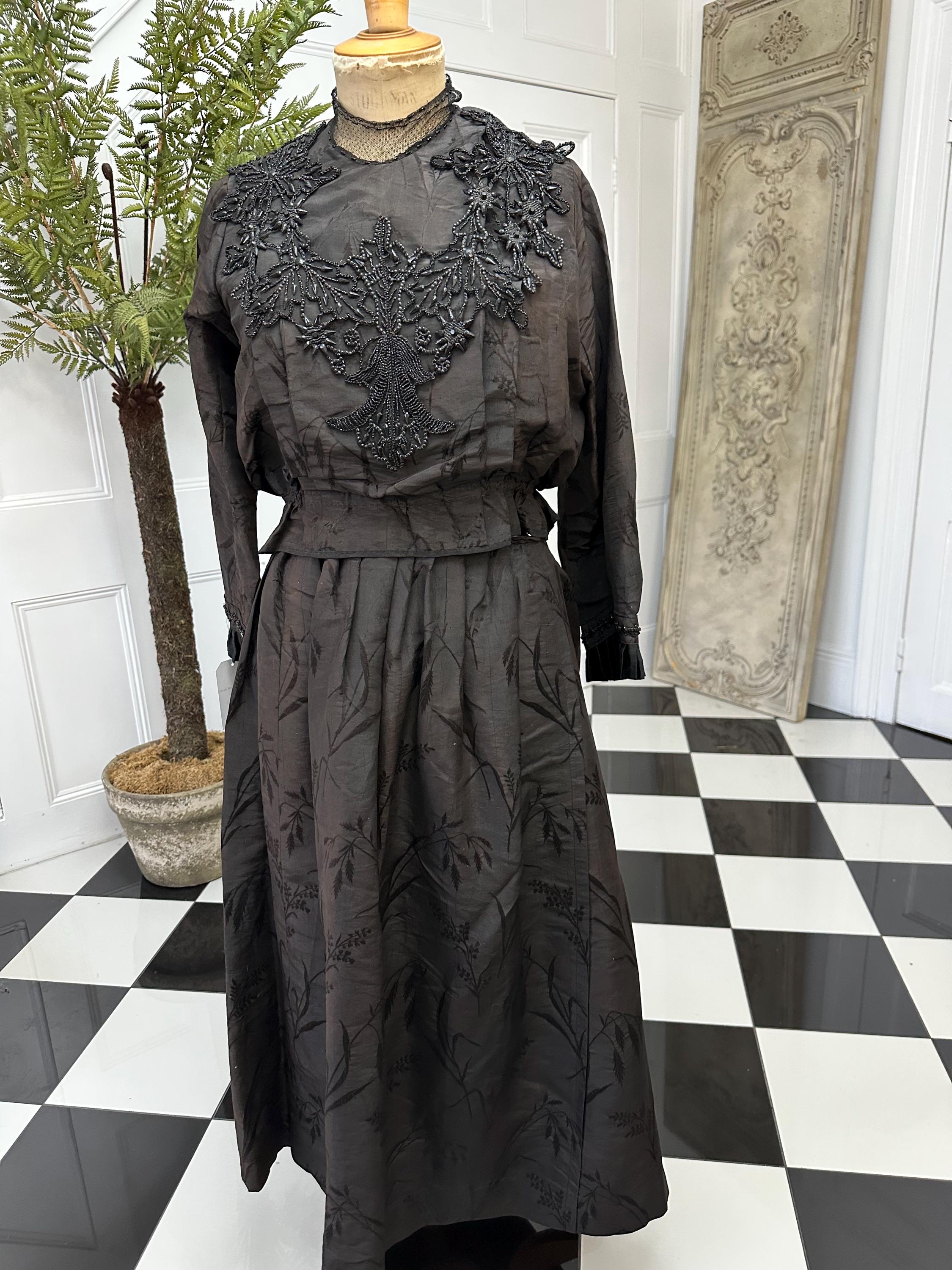 1890s  Victorian black silk embellished bodice and skirt