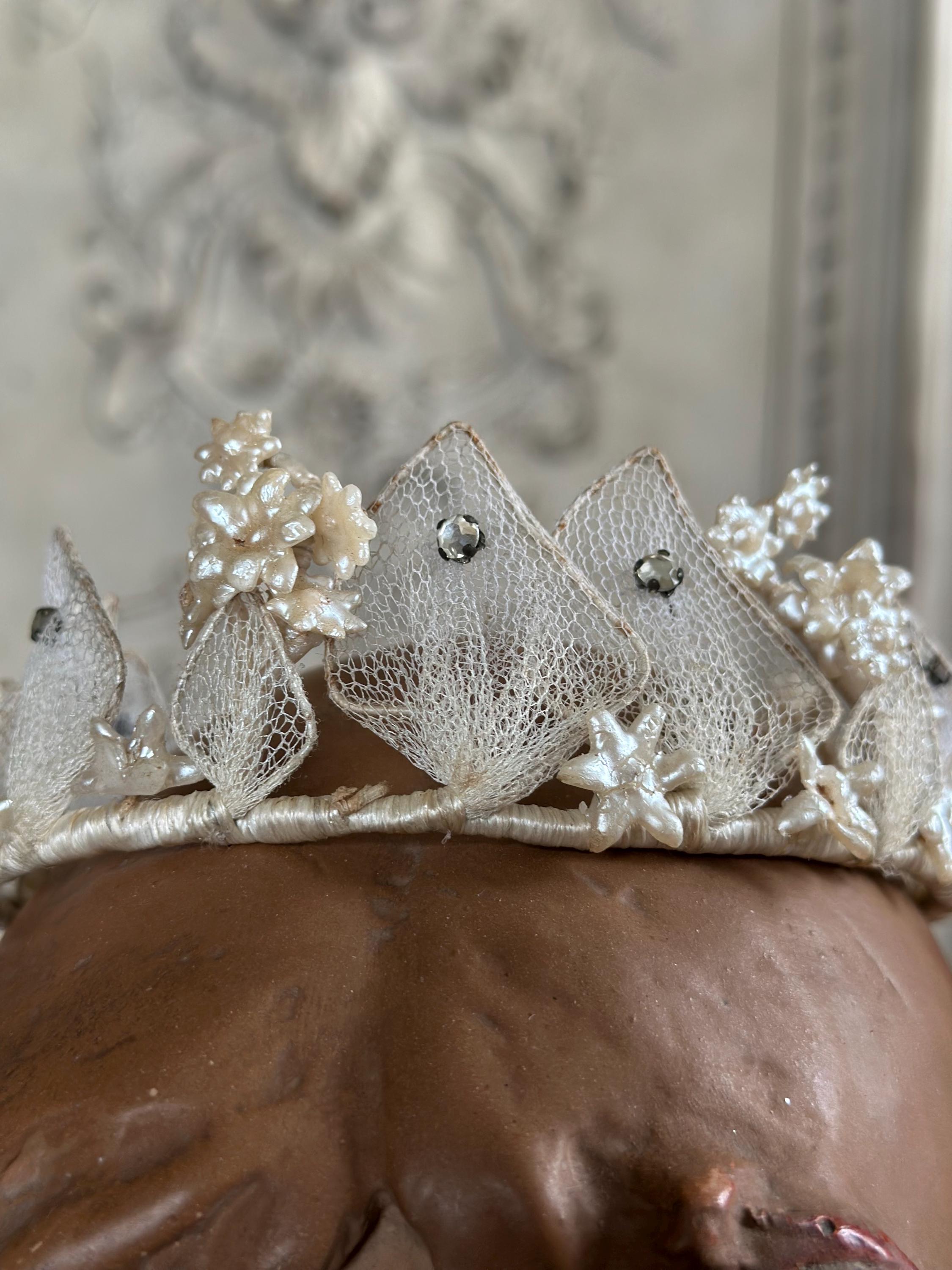 Antique 1940s  Floral Wax Tiara with tulle