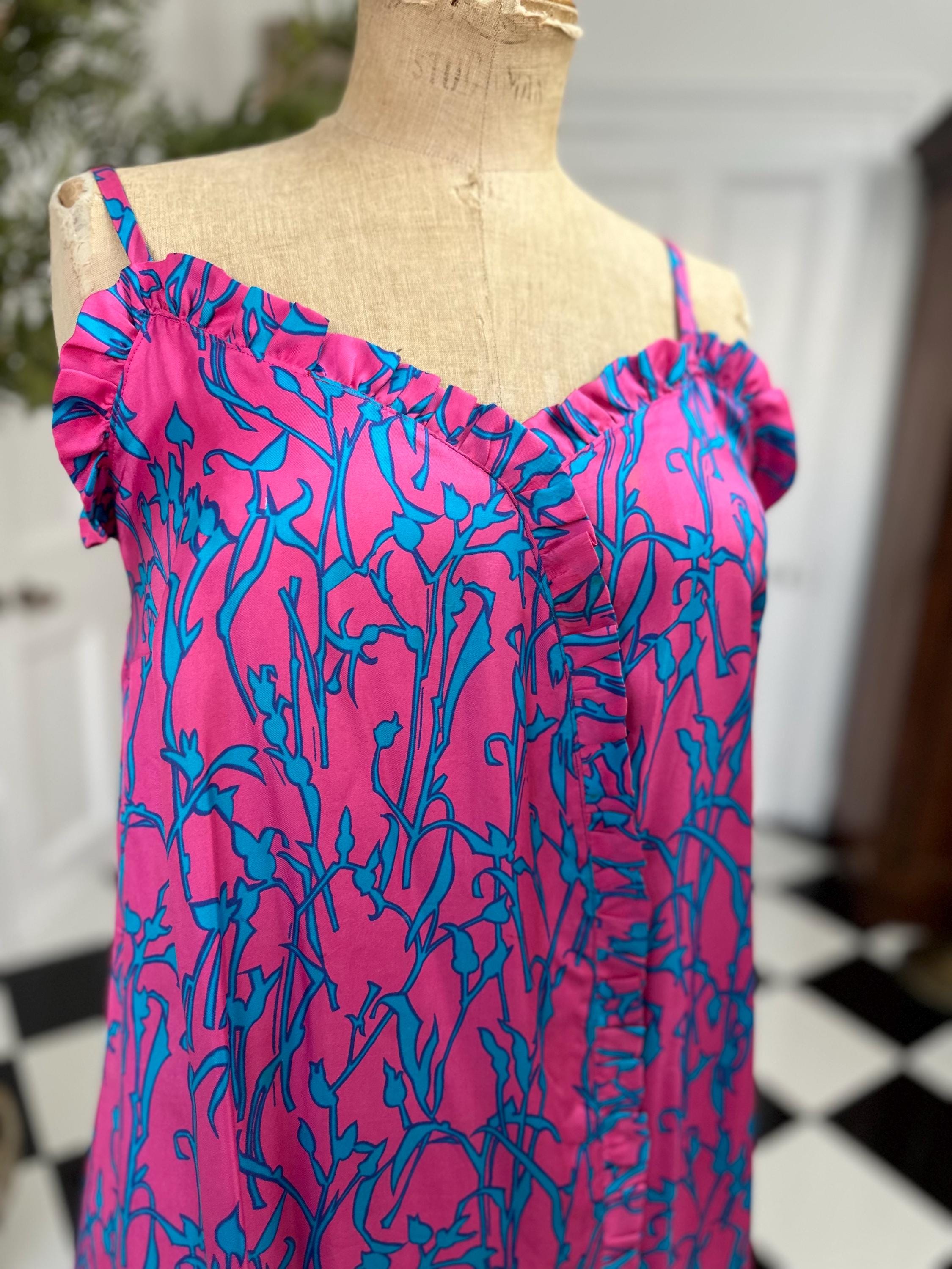 1970s Vintage silk spaghetti summer dress in hot pink and turquoise