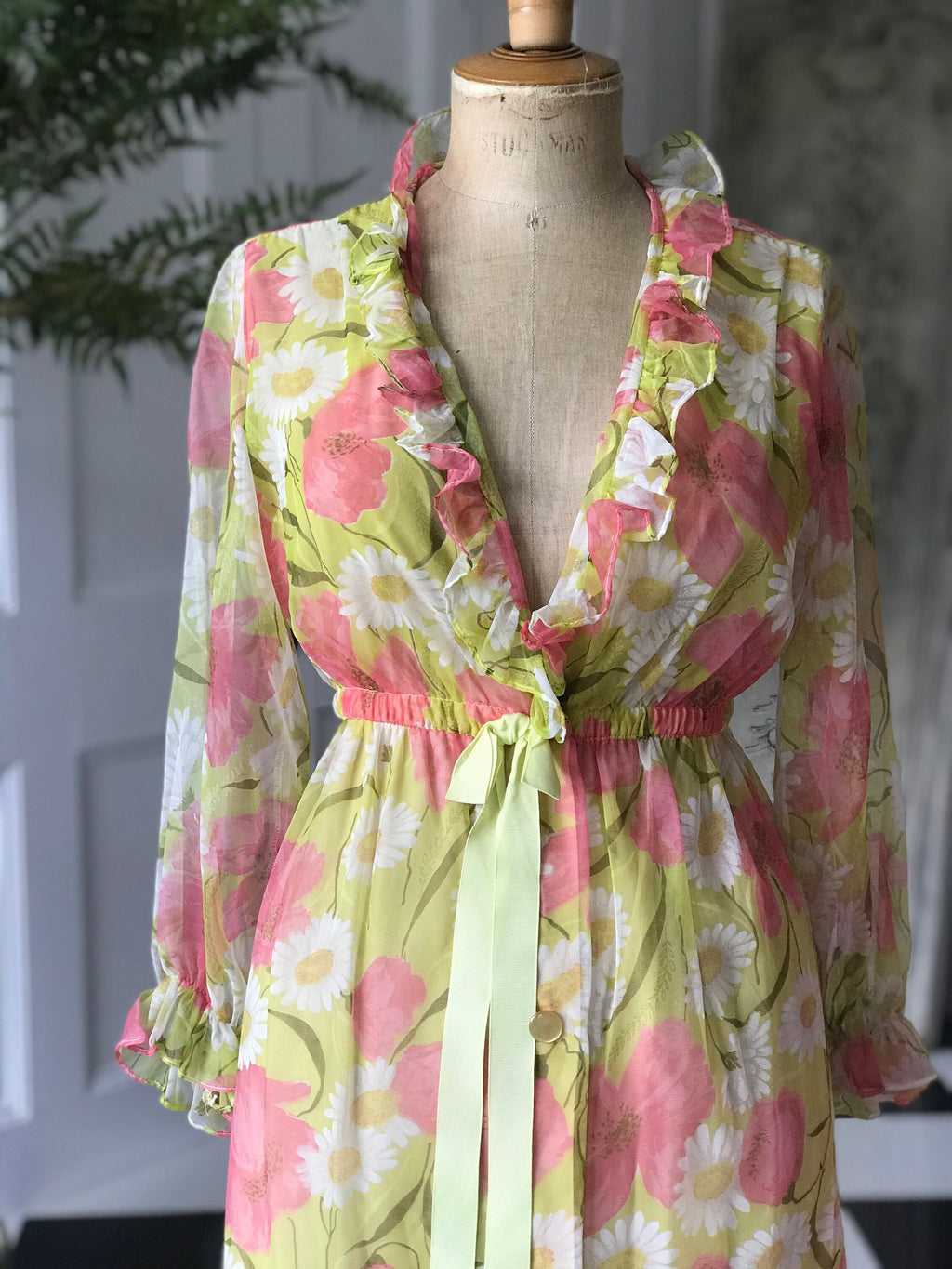 Vintage 1970s floral pink and yellow and green maxi dress with ruffle collar