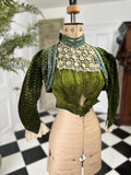 Antique Green Silk Velvet Bodice - 1890s Lace High Collar