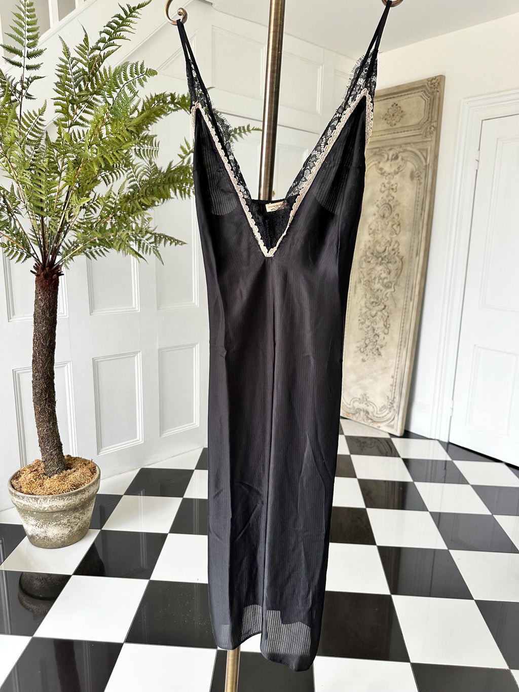 Vintage style black plunge neck lace slip dress Pierre Cardin. Extra small size