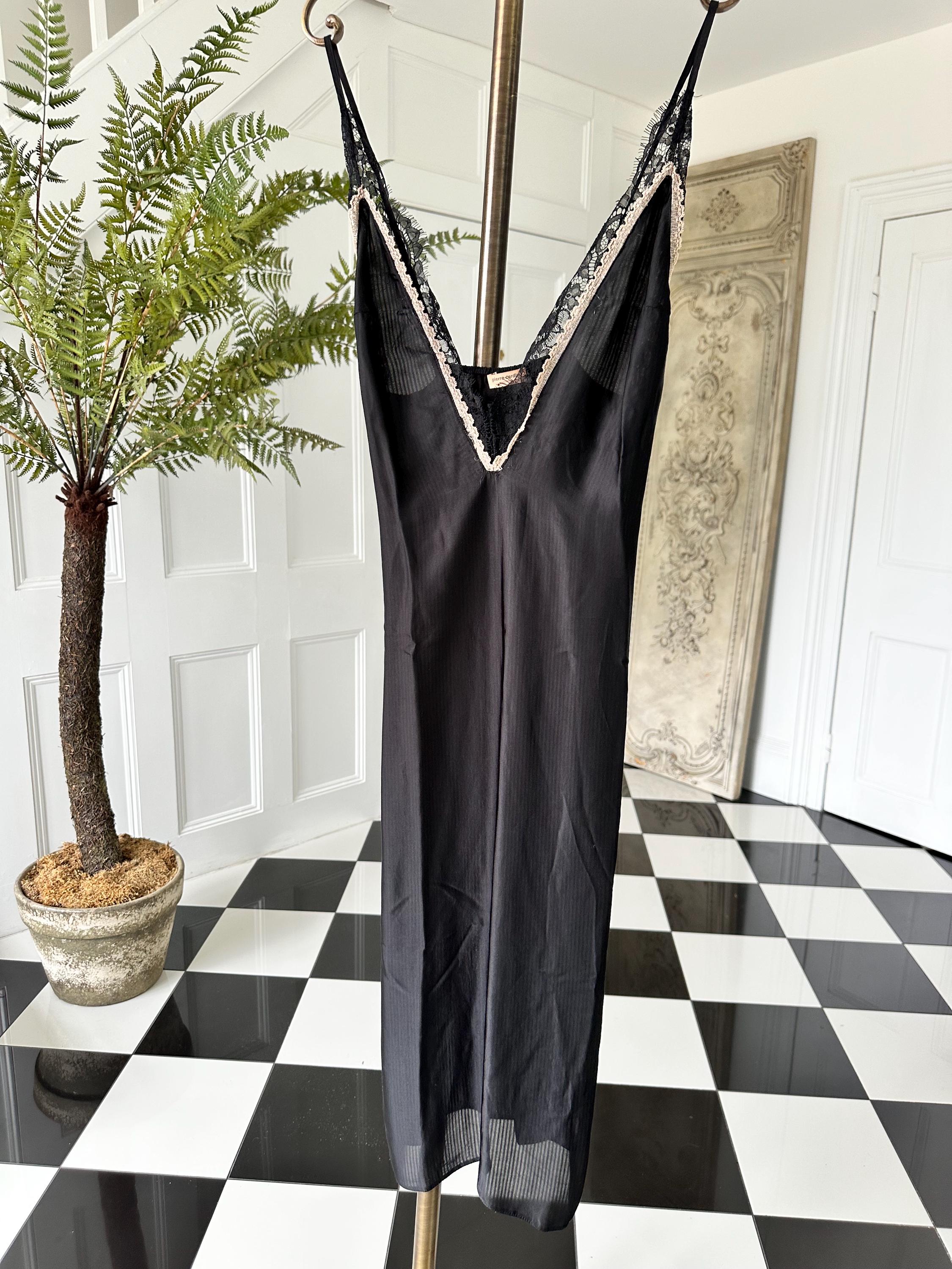 Vintage style black plunge neck lace slip dress Pierre Cardin. Extra small size