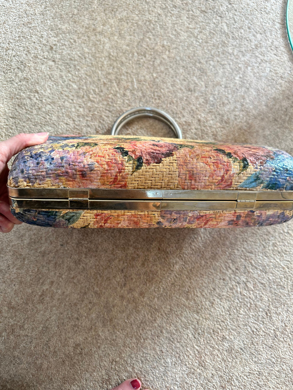 Boho 1970s hessian handbag with floral design