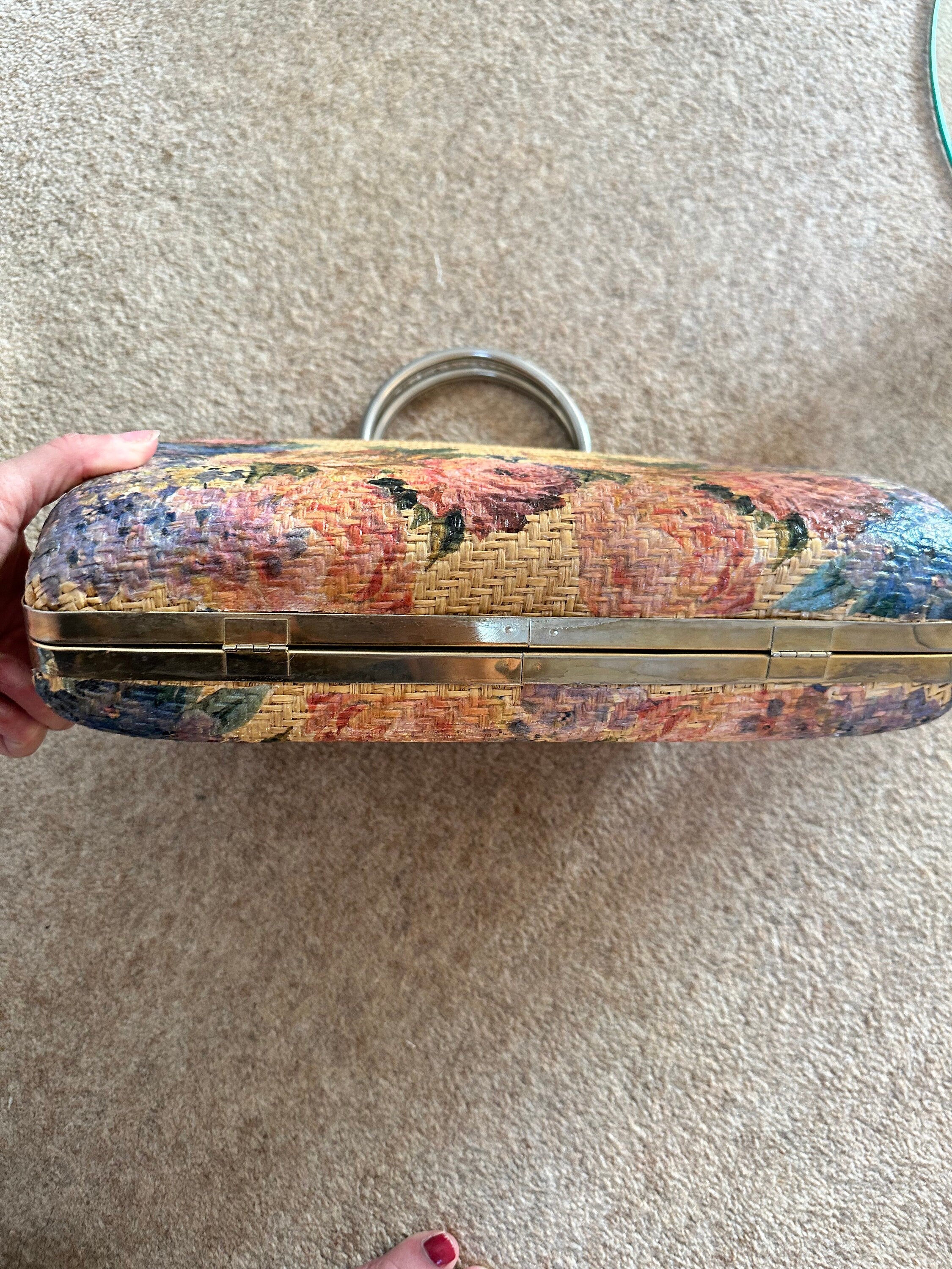 Boho 1970s hessian handbag with floral design