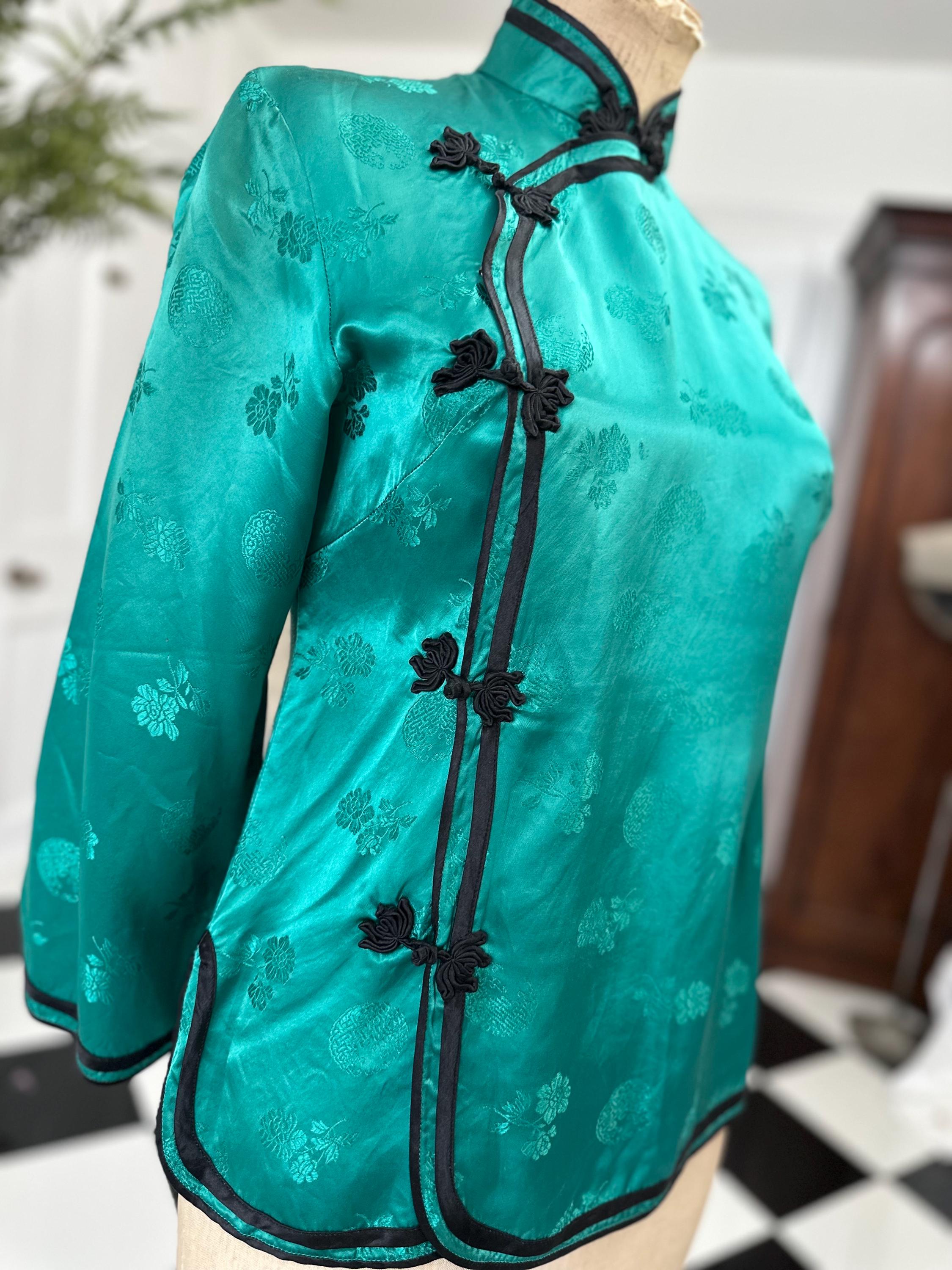Chinese Emerald green rayon blouse label Silver Lake
