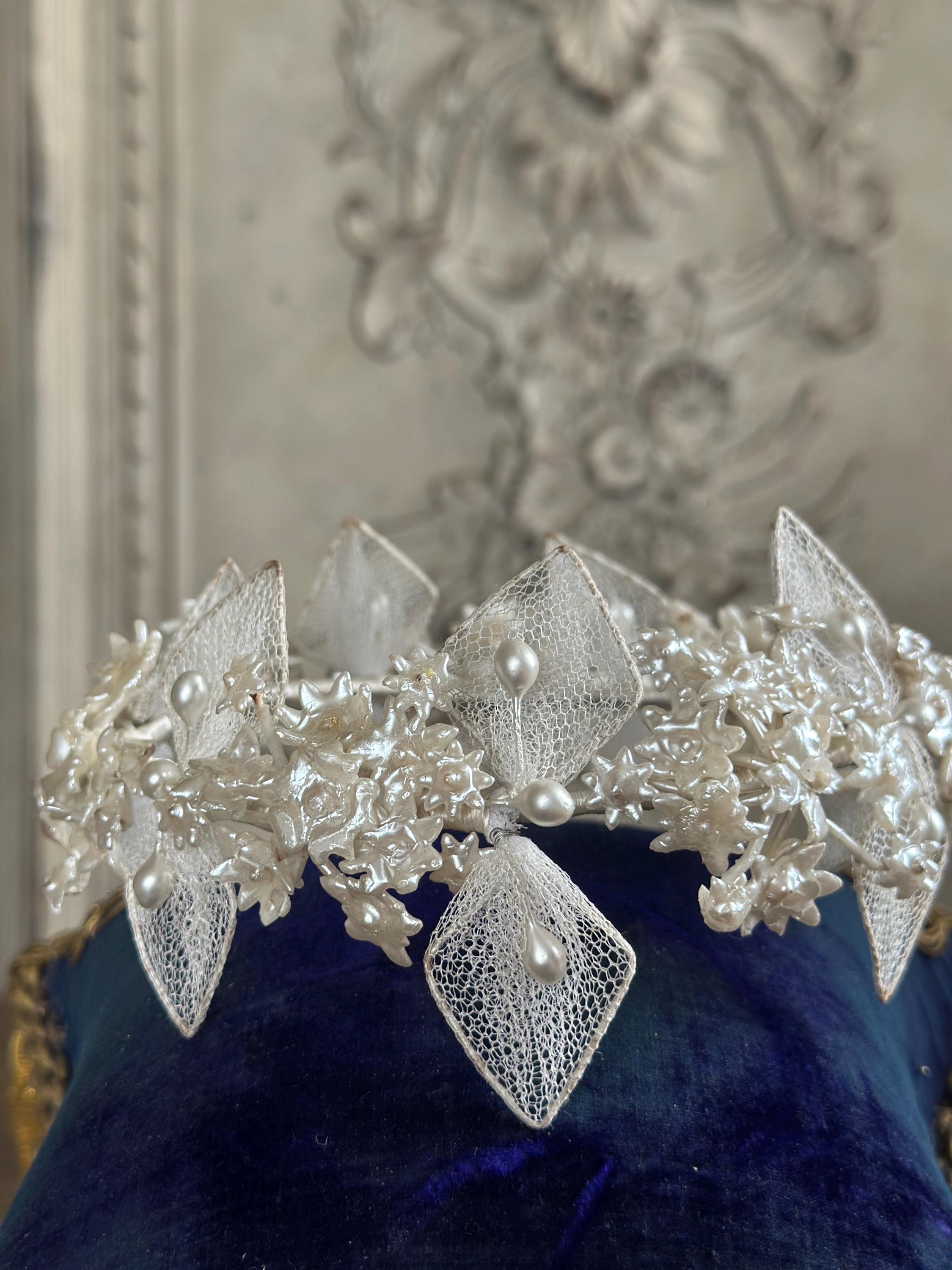 Antique 1940s  Floral Wax Tiara with tulle