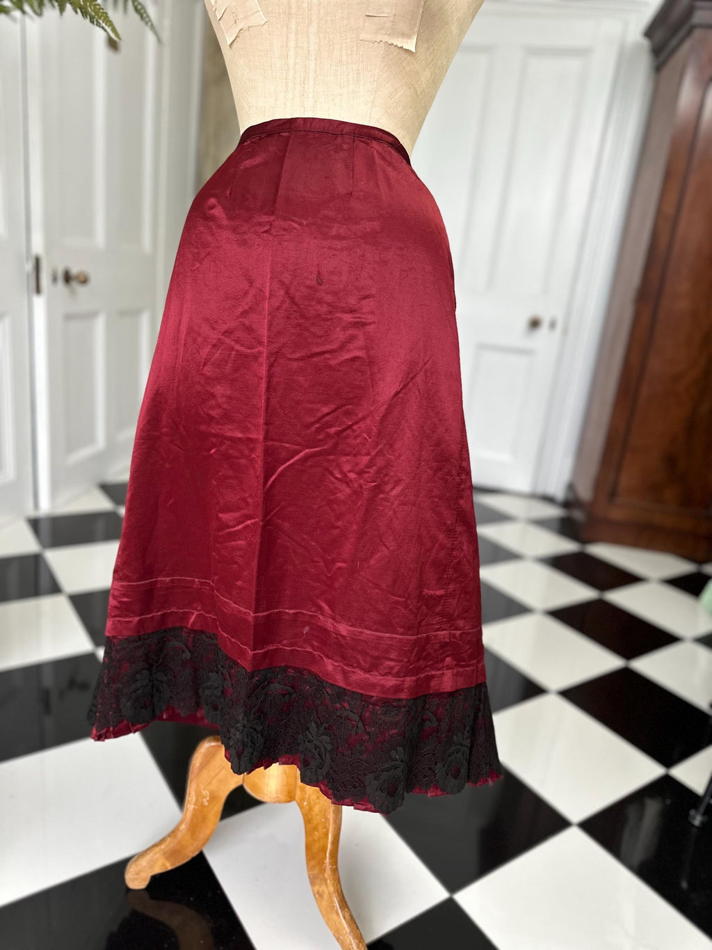 Victorian Dark Red Silk Satin Skirt  Elegant Black Lace Flounce