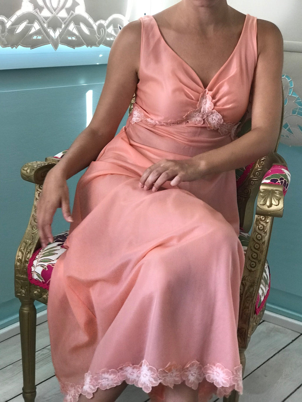 1970s long plunge neck lingerie slip dress