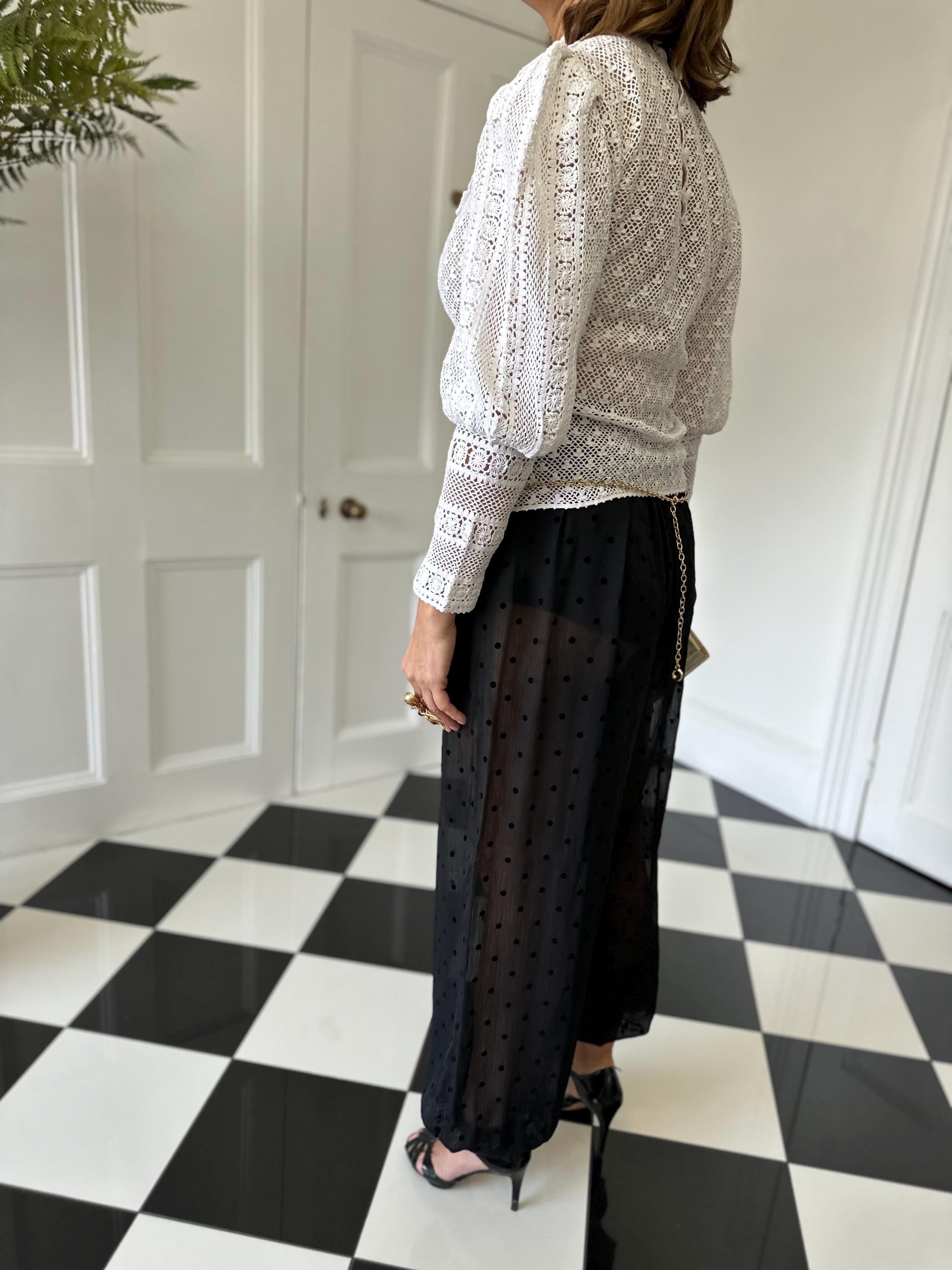 Vintage 1970s hand crochet white  Victorian style mutton sleeve blouse