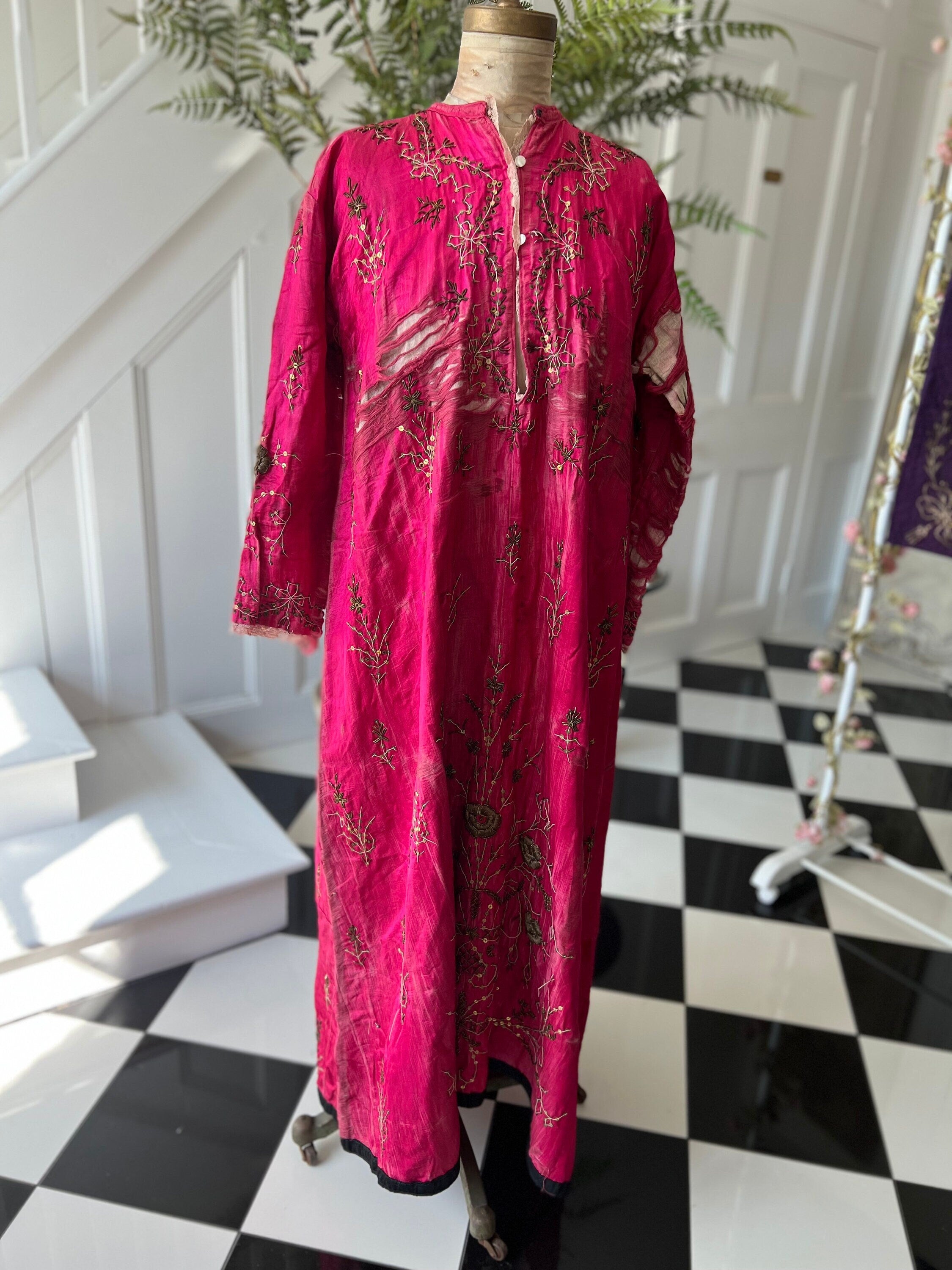 Antique Ottoman Silk Bindalli Dress: Hot Pink Zardozi Embroidery