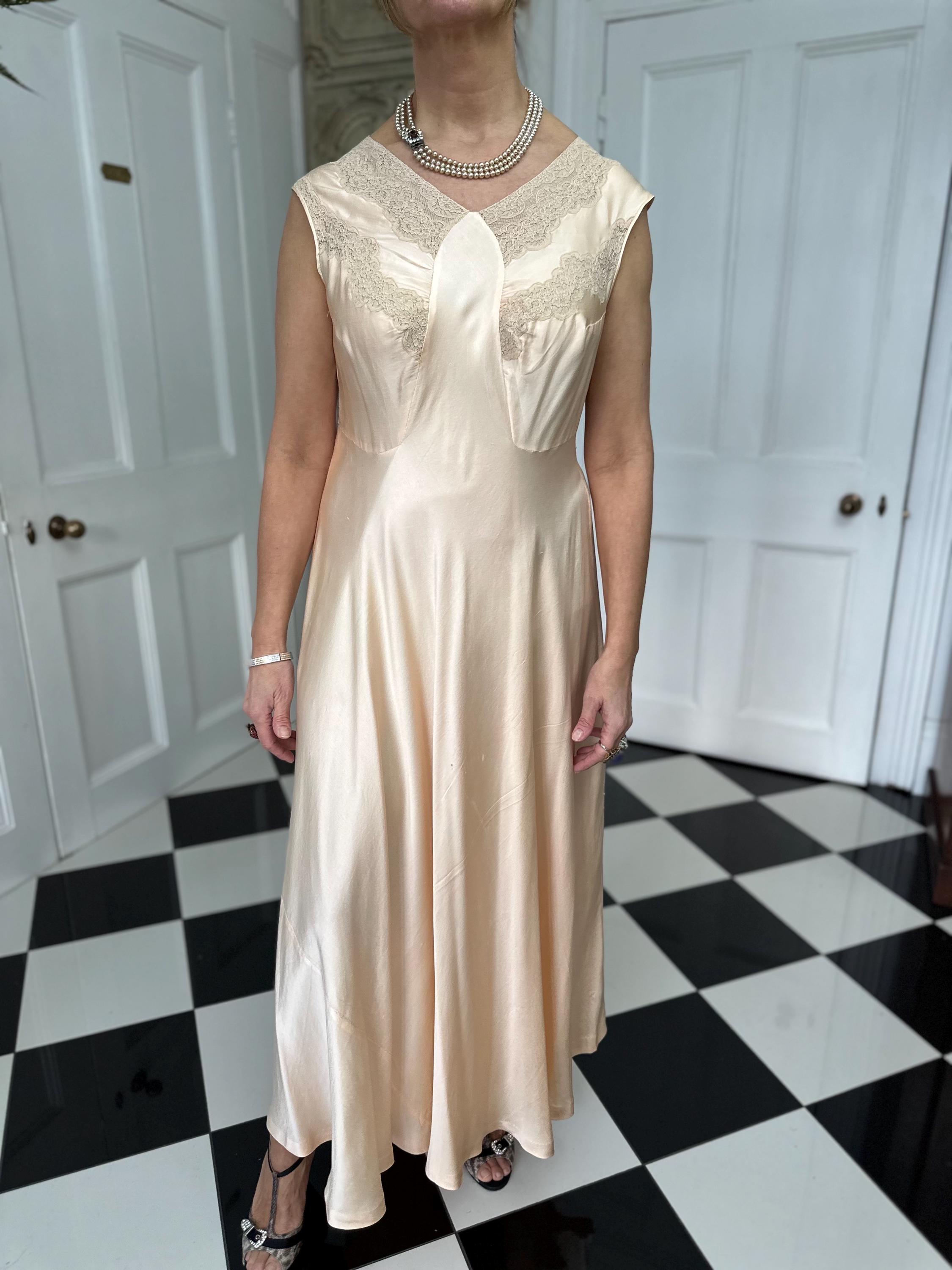 1930s silk and lace long slip dress in peach