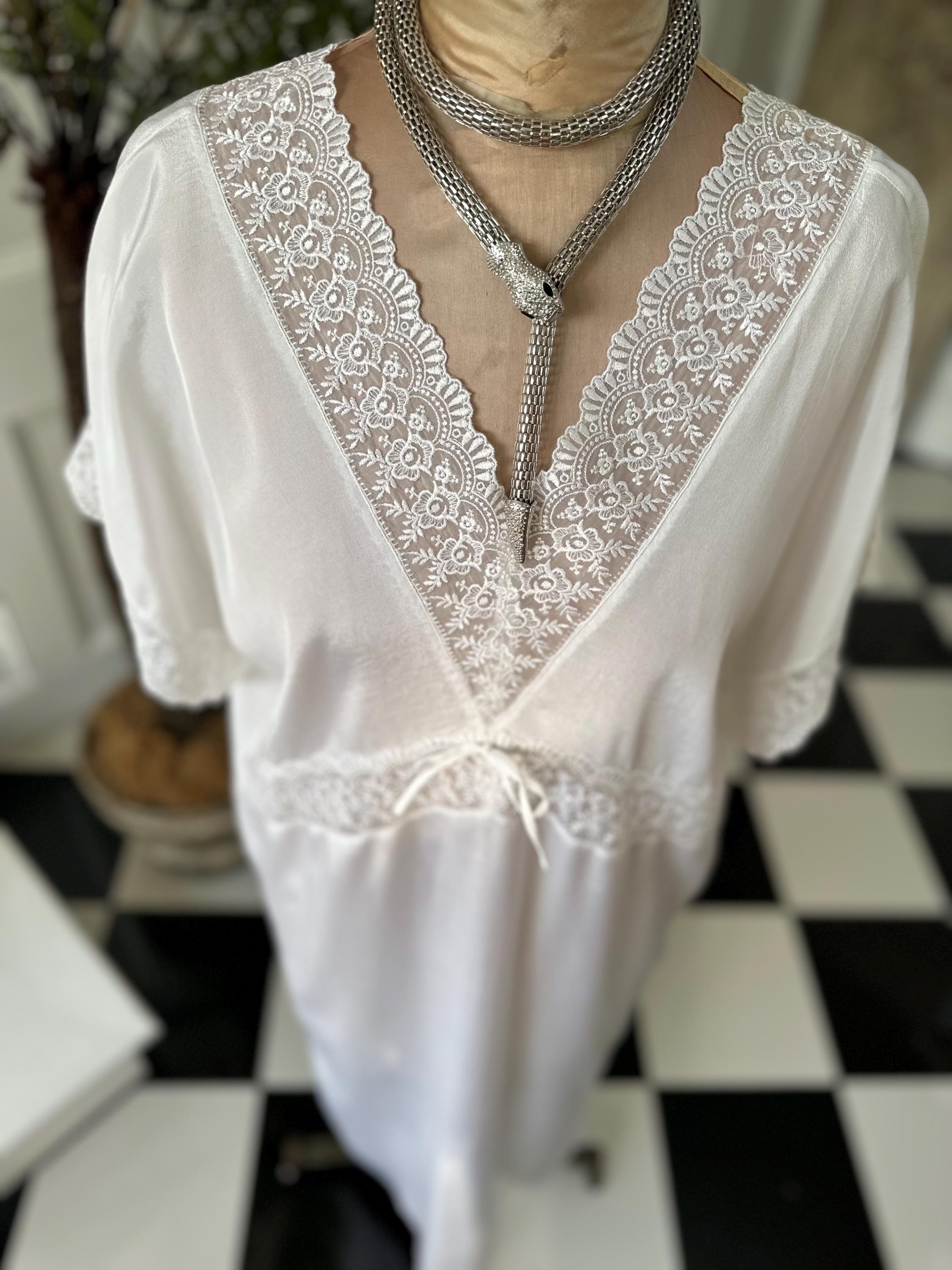 1970s silky white dress with lace trimming