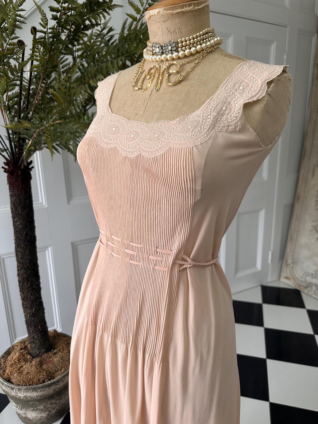 1930s Silk Crepe Gown: Hand-Embroidered Lace, Bias Cut Maxi Dress