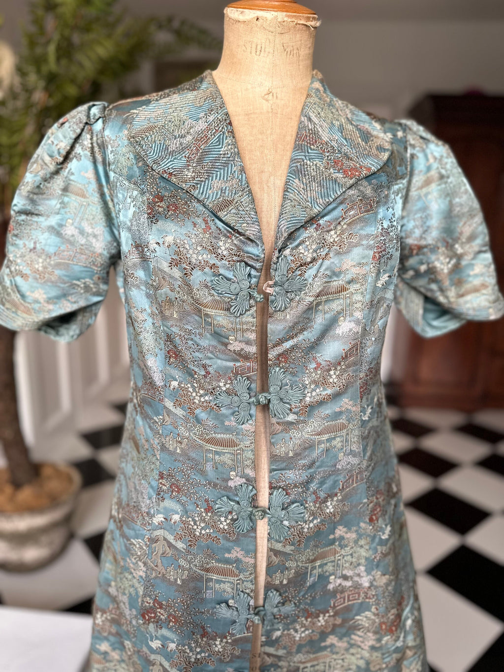 1930s Duck egg blue Silk Chinese robe house coat