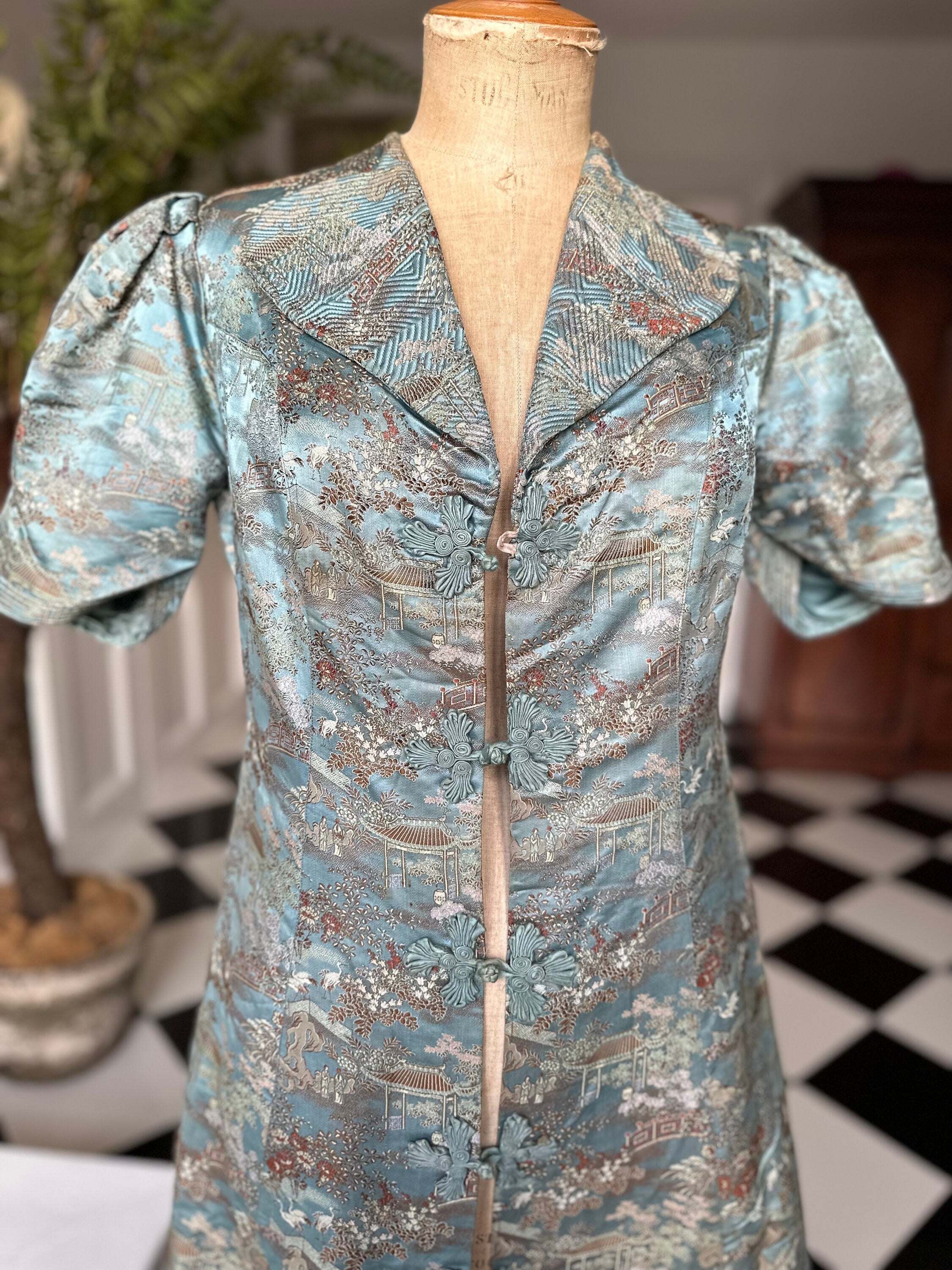 1930s Duck egg blue Silk Chinese robe house coat