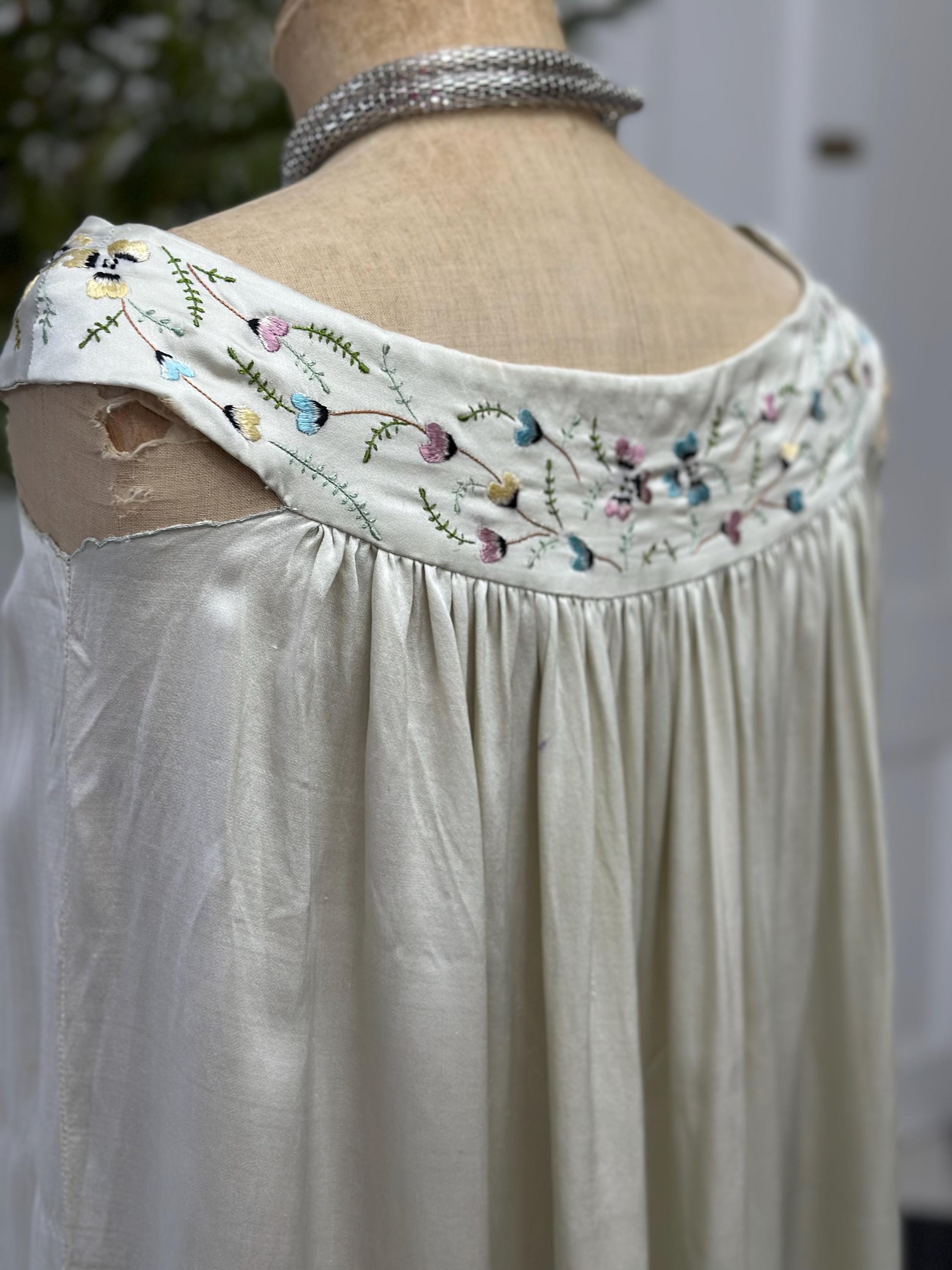 Vintage 1940s Grey Silk Slip Dress with Hand-Embroidered Details