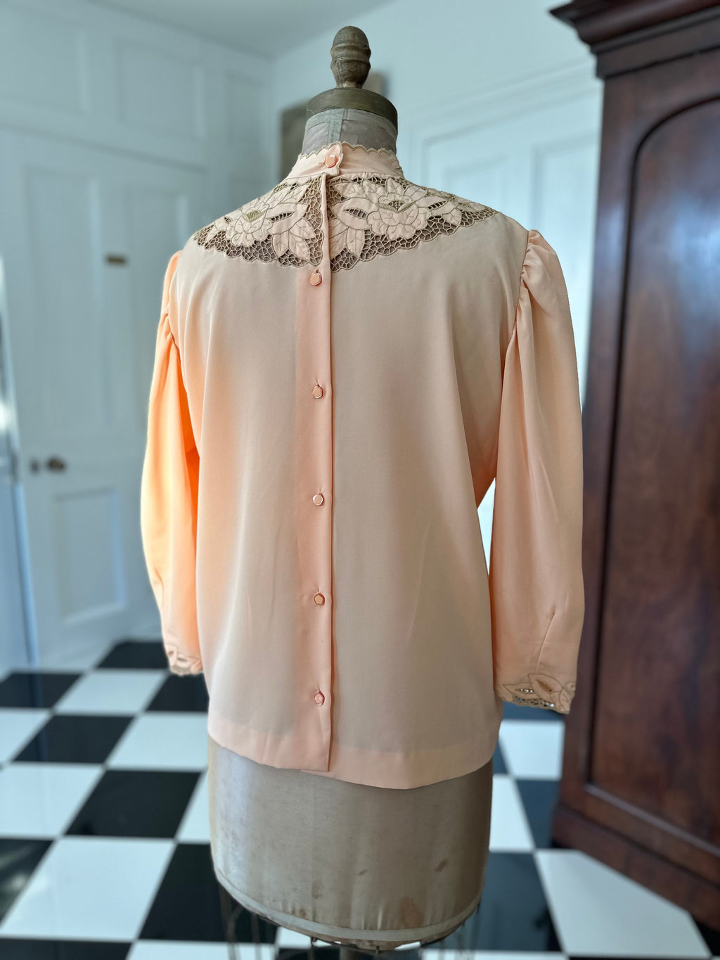 Vintage peach cut out lace high neck blouse