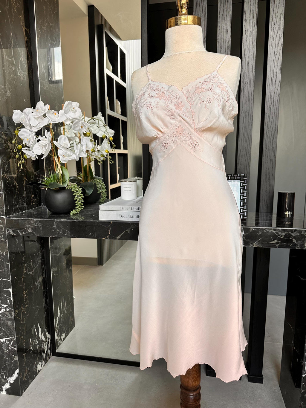 Antique 1930s Pale Pink Silk Slip – Authentic Art Deco Embroidery & Bias Cut