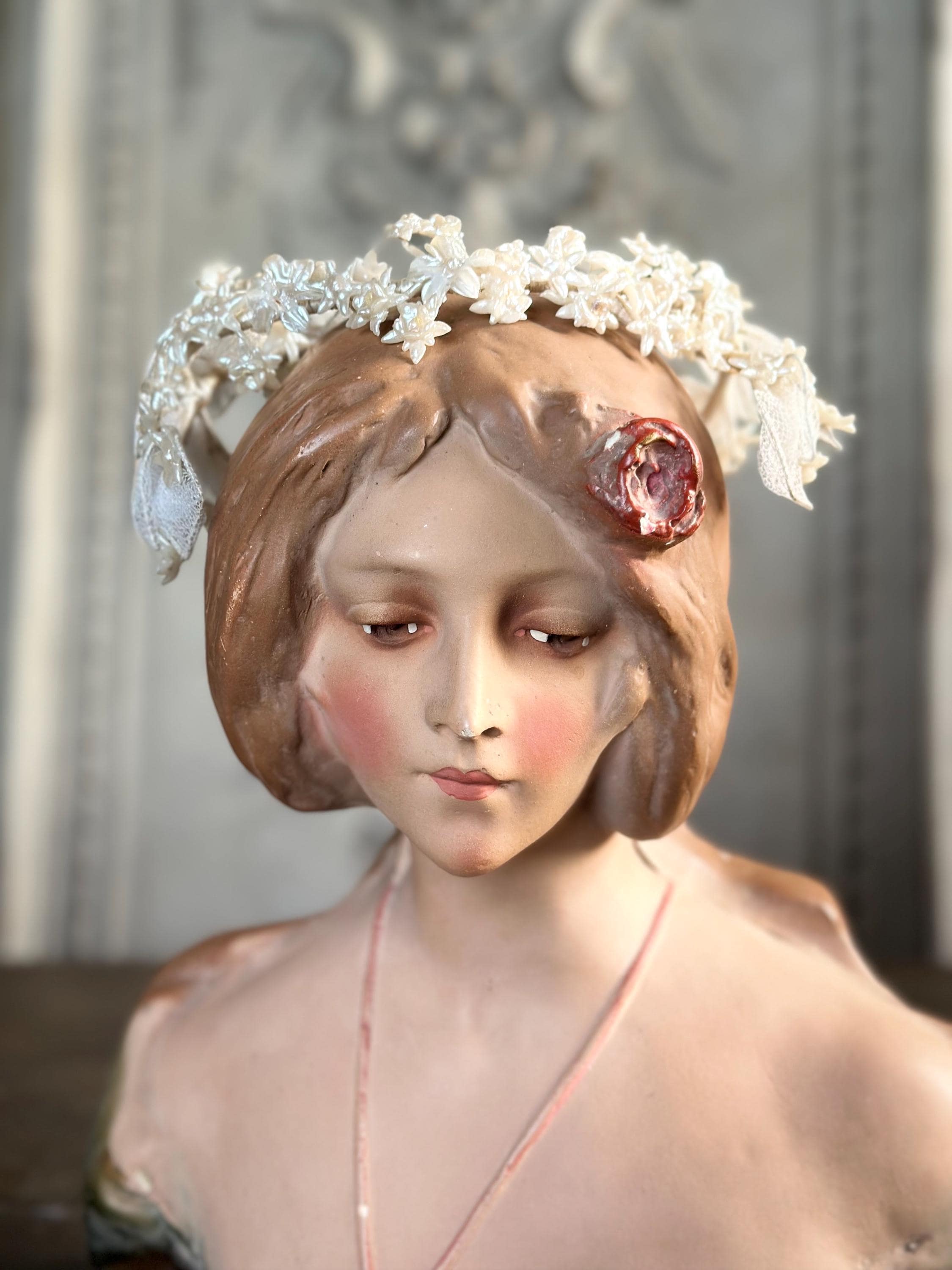 Antique 1940s  Floral Wax Tiara with tulle