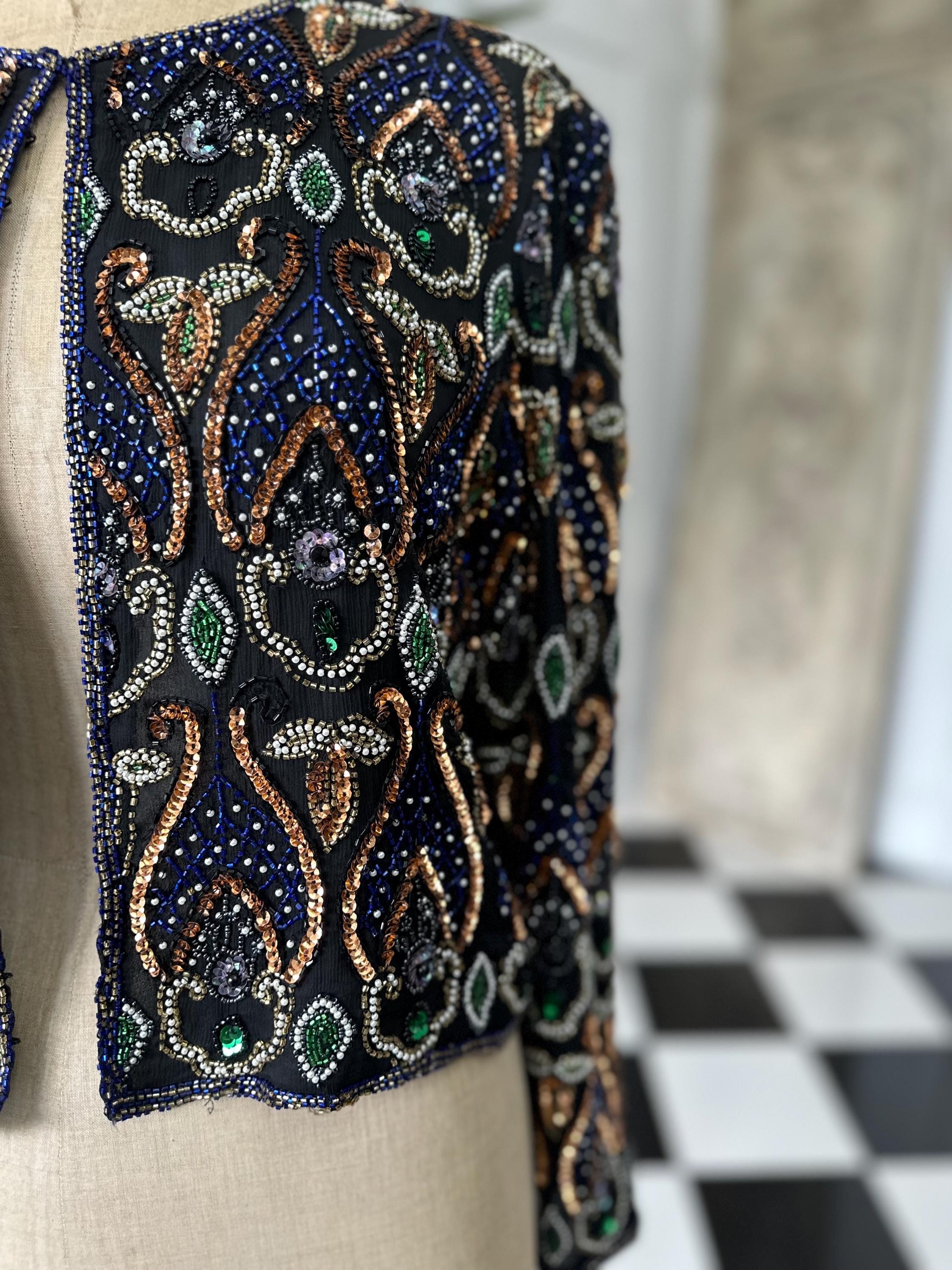 1980 Silk jacket with blue bronze pearl sequin long sleeve