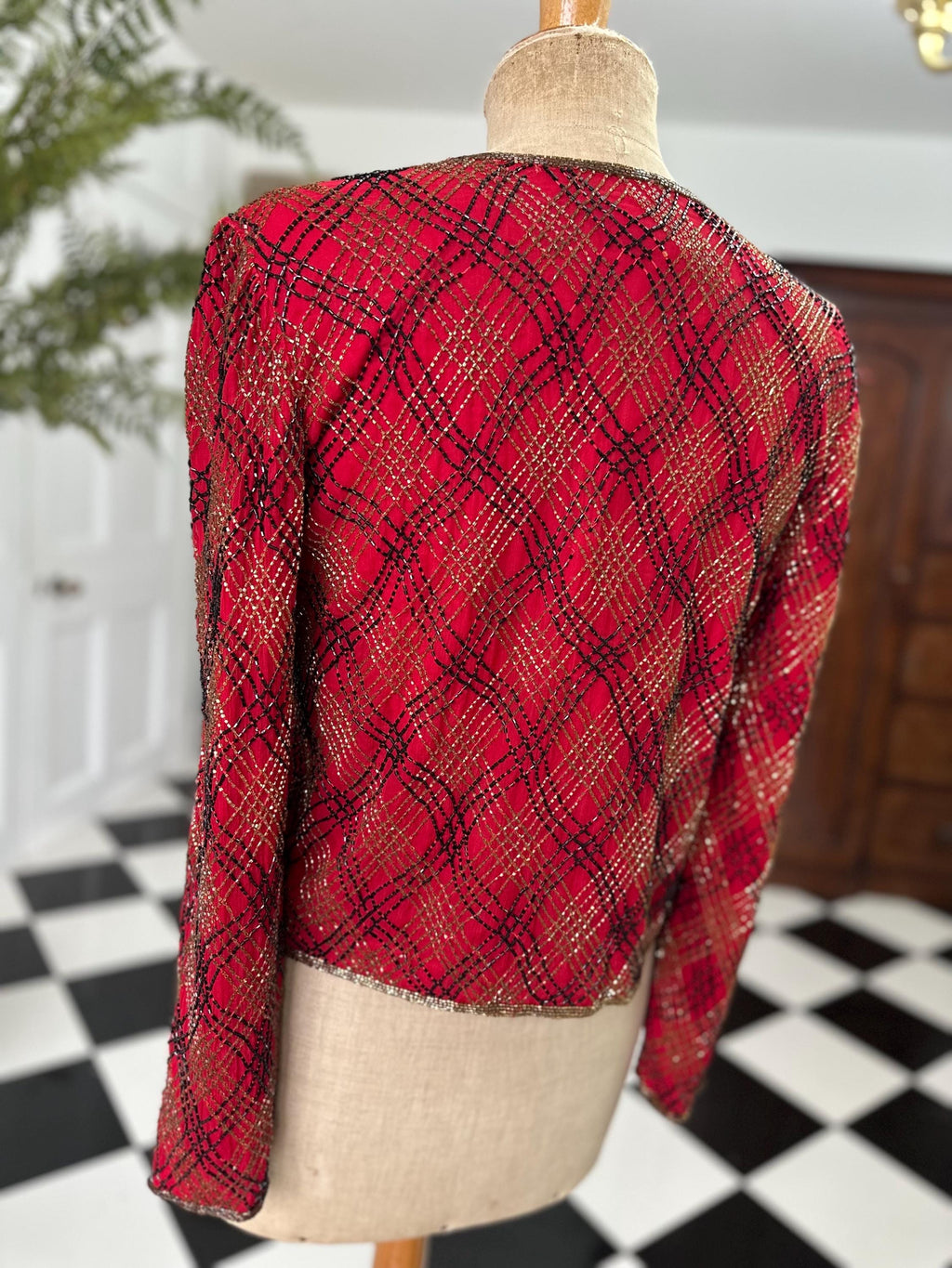 1980 silk red coctail jacket in black and gold beading