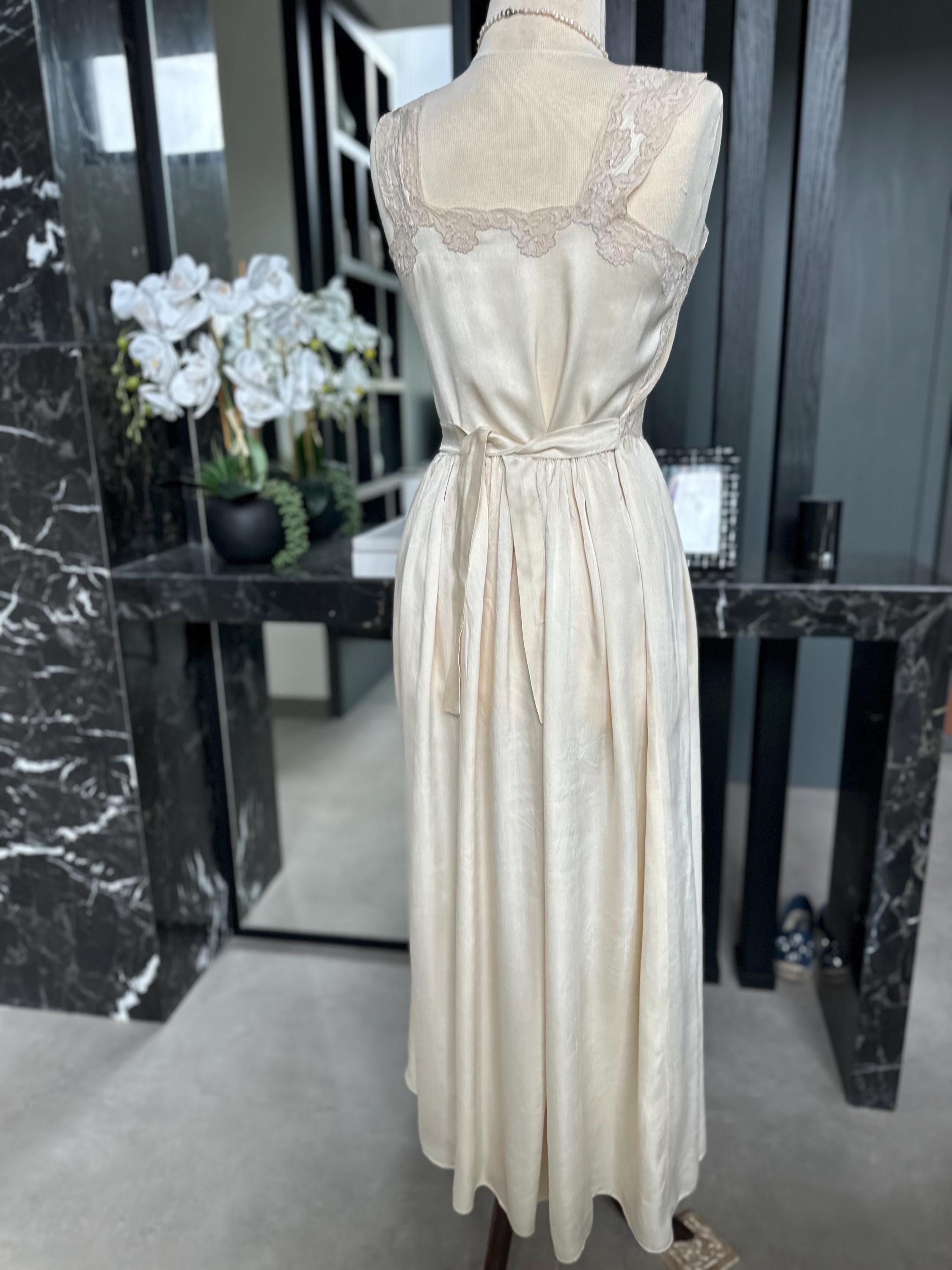 1930s Liquid Silk Maxi Gown: Antique Lace, Embroidery, Old Hollywood Style