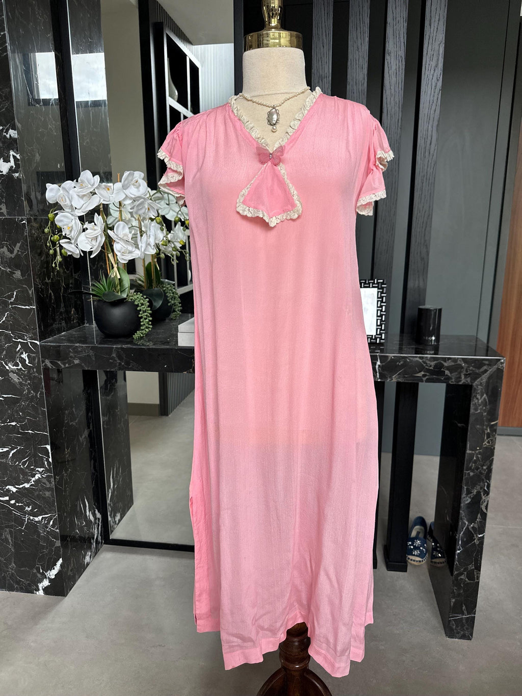 1930s Pink Silk Gown | Lace Ruffle Sleeve Slip, Antique Crepe Nightgown