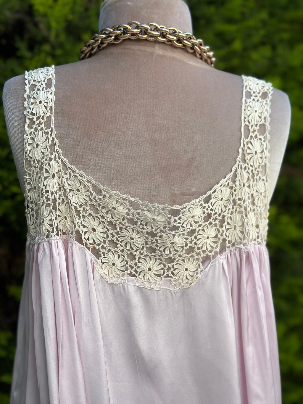 1940s lilac slip dress with fine hand crochet lace top details