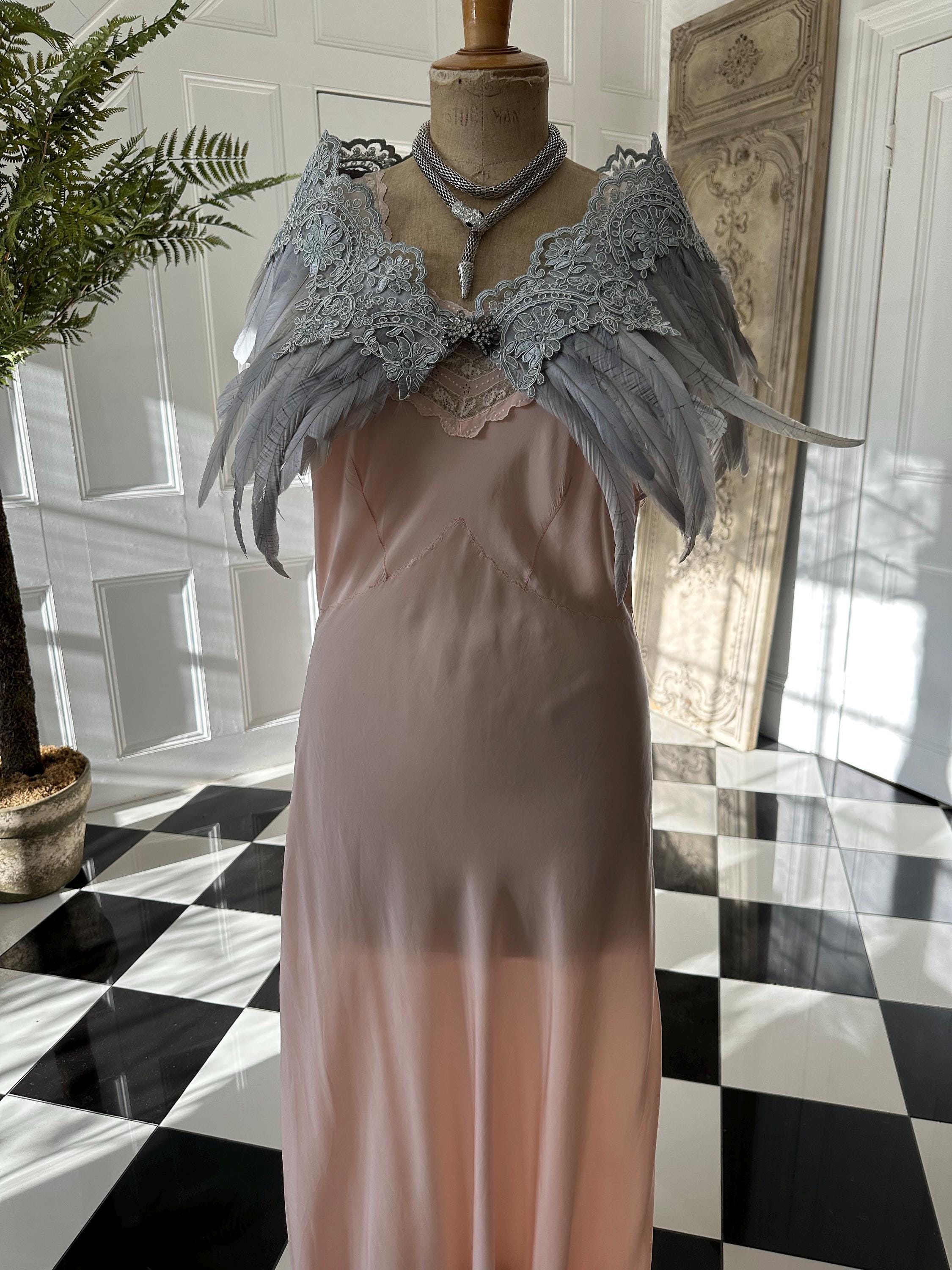 1920s 1930s Vintage style grey feather and lace cape bolero