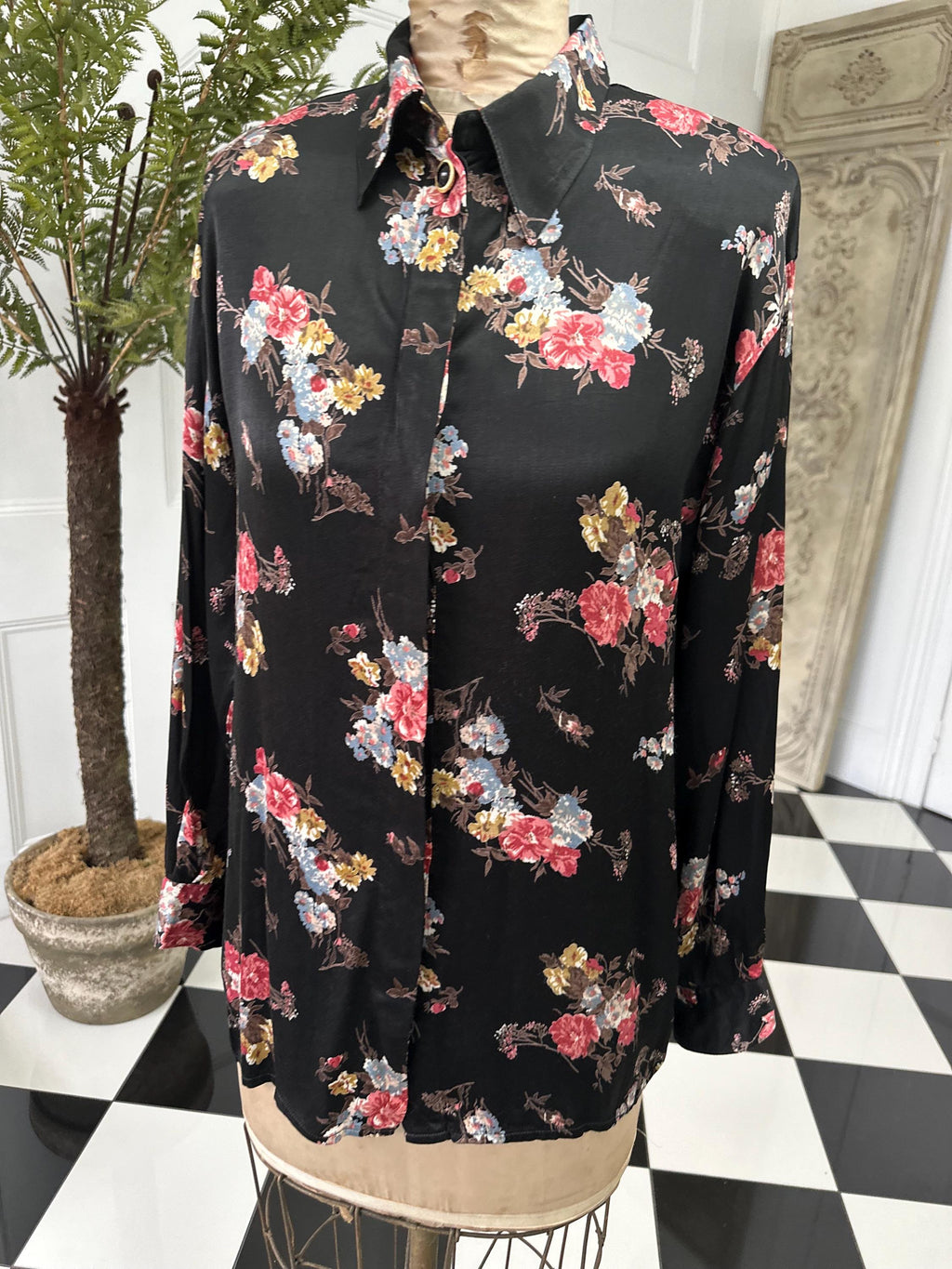1980s Satin Black Floral Long Sleeve Blouse Vintage Chic