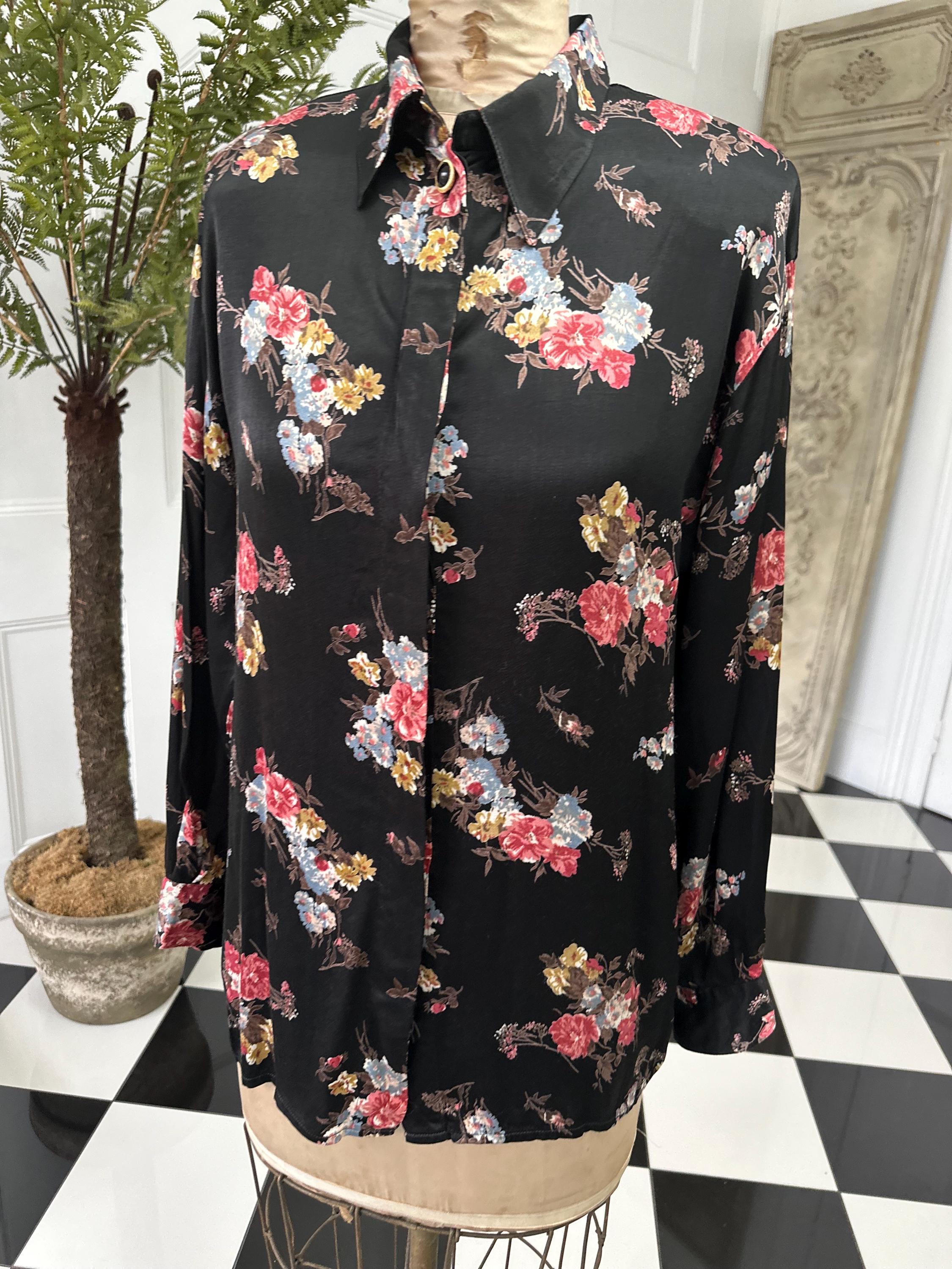 1980s Satin Black Floral Long Sleeve Blouse Vintage Chic