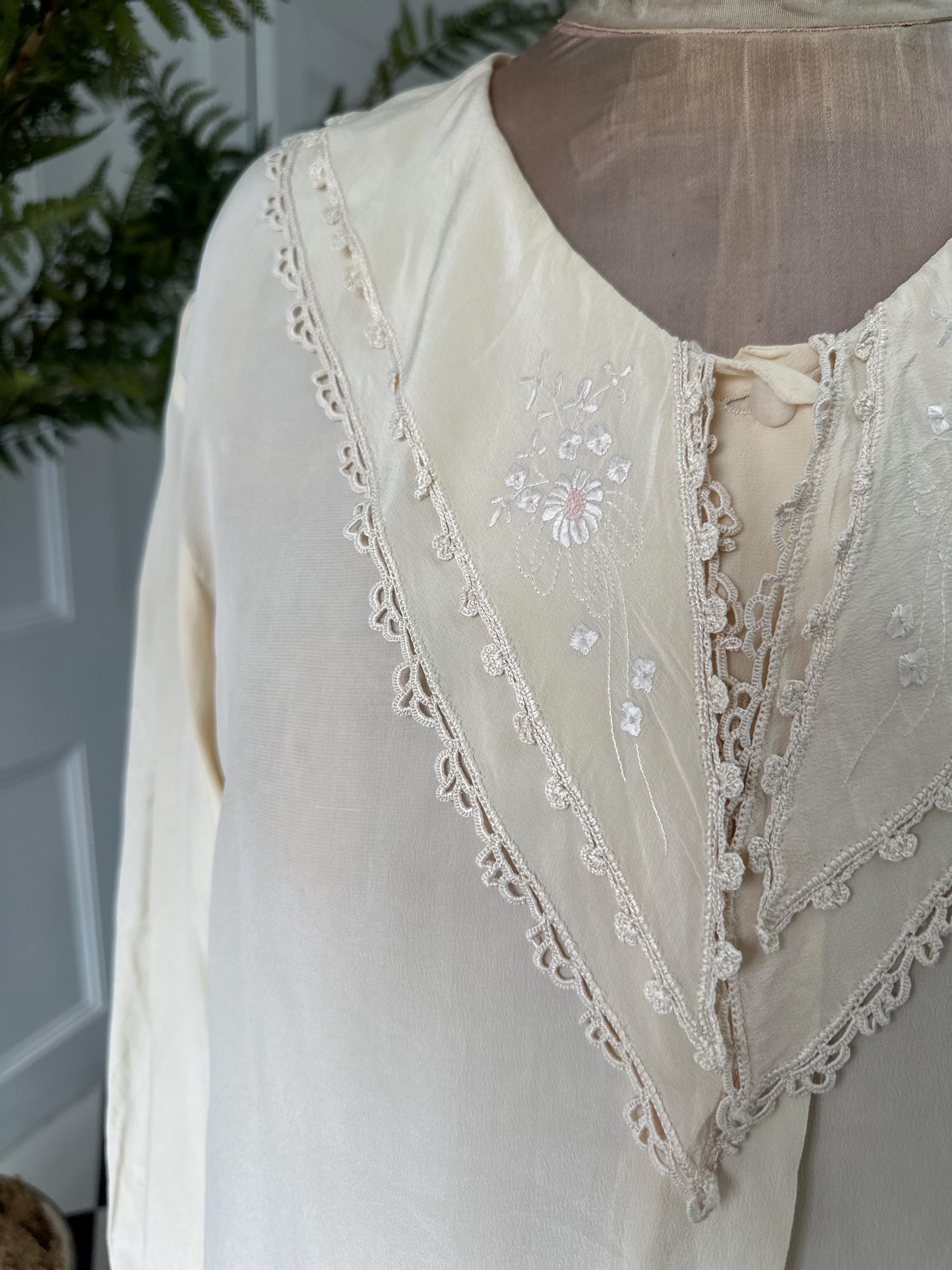Vintage cream silk blouse with hand embroidery detail