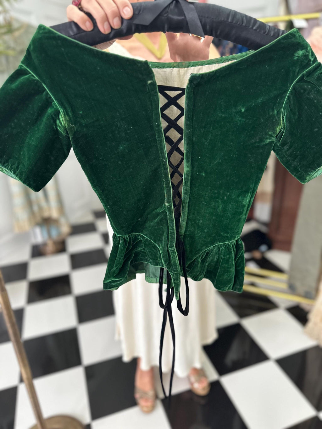 1860s Emerald Green Velvet Bodice Corset: Antique Ribbon, Collectible