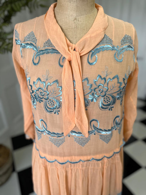 1920s day dress in Peach muslin with silk floss embroidery