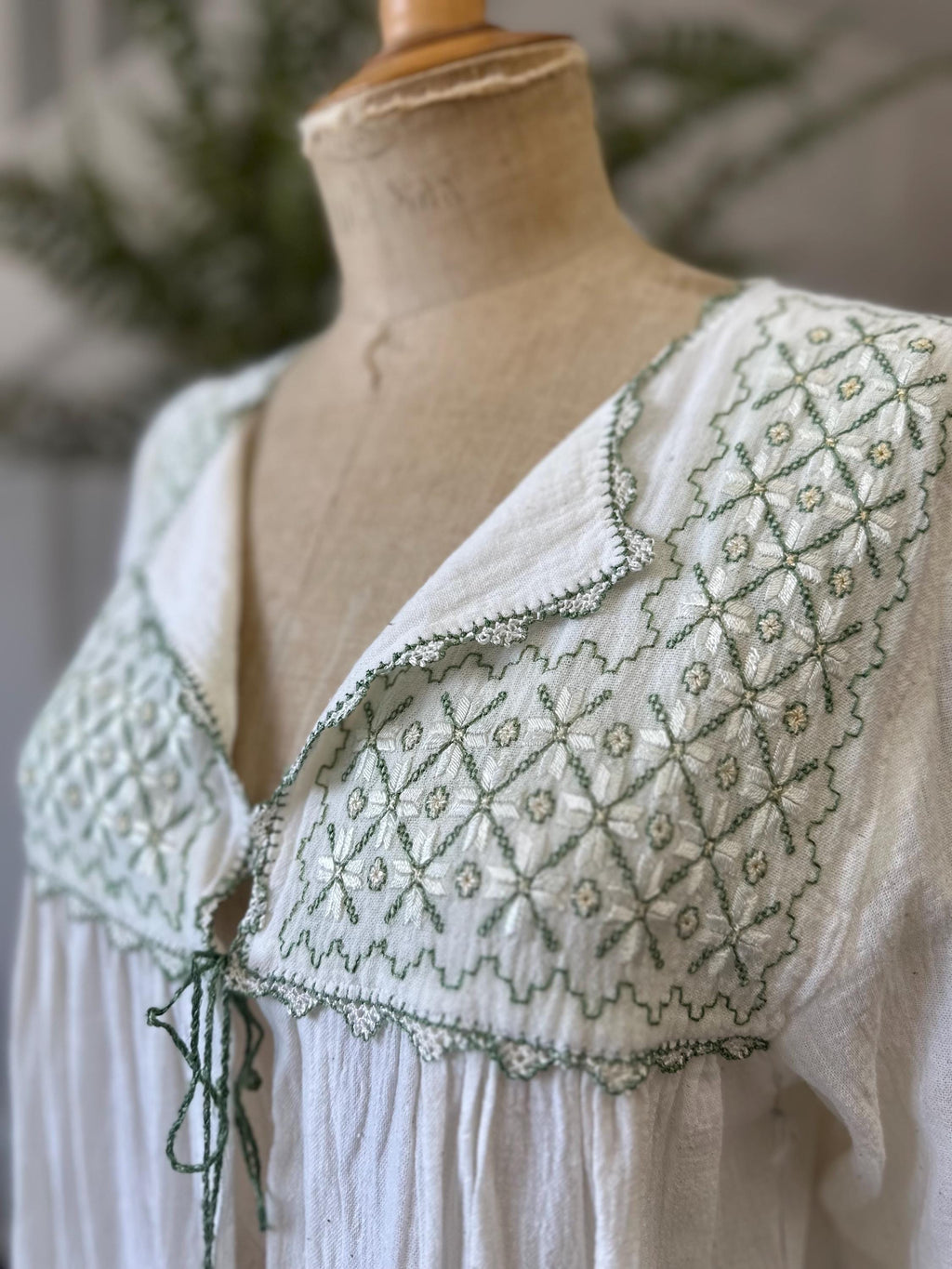 1970s Long hand loomed muslin cotton  gown with hand embroidered kimono