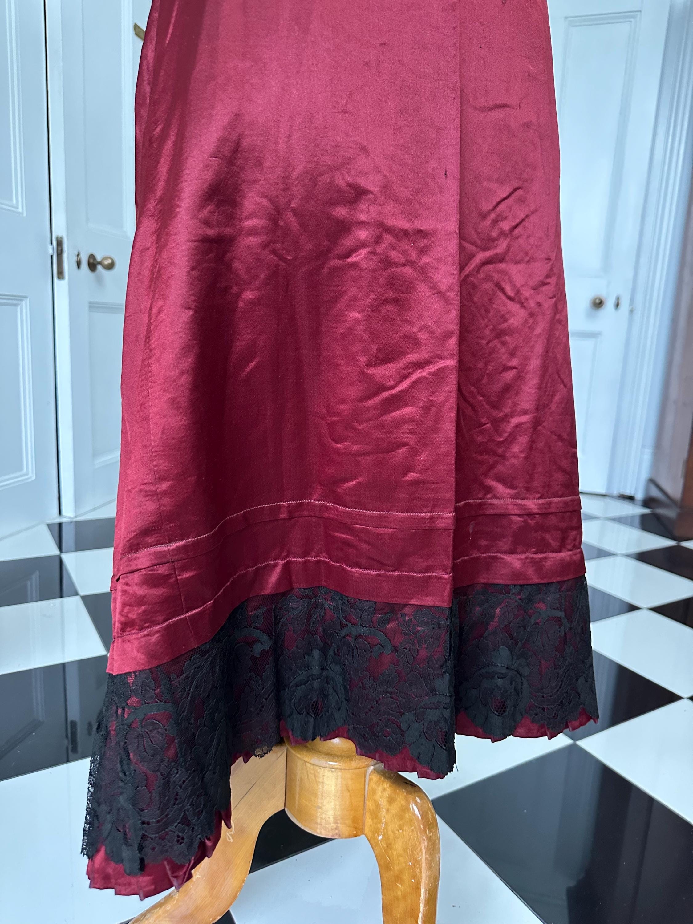 Victorian Dark Red Silk Satin Skirt  Elegant Black Lace Flounce