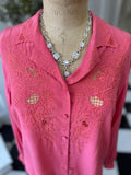 1950s dark pink silk long sleeve blouse with hand embroidery