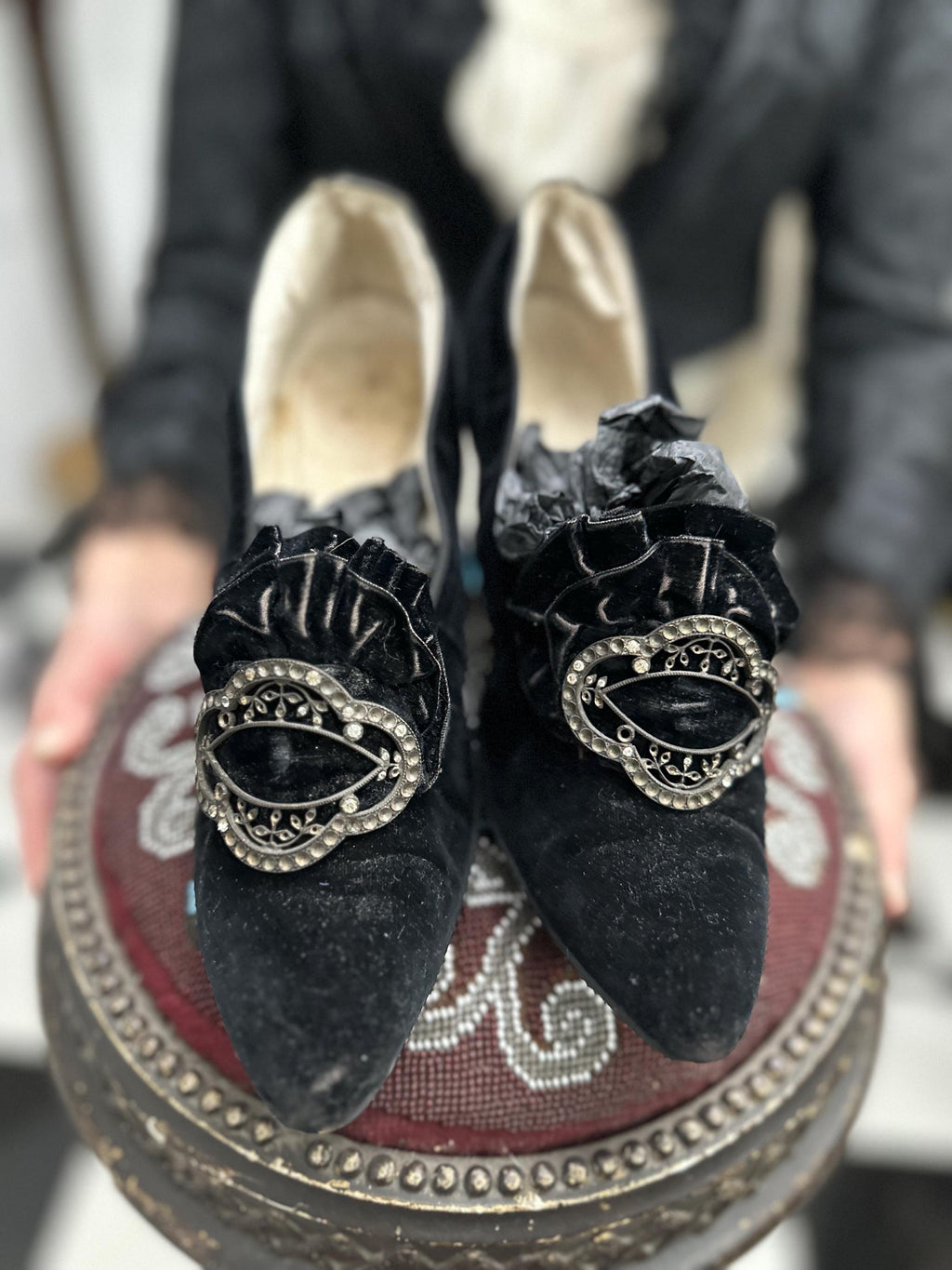 Beautiful Edwardian Velvet Small Heeled Shoes with Buckle