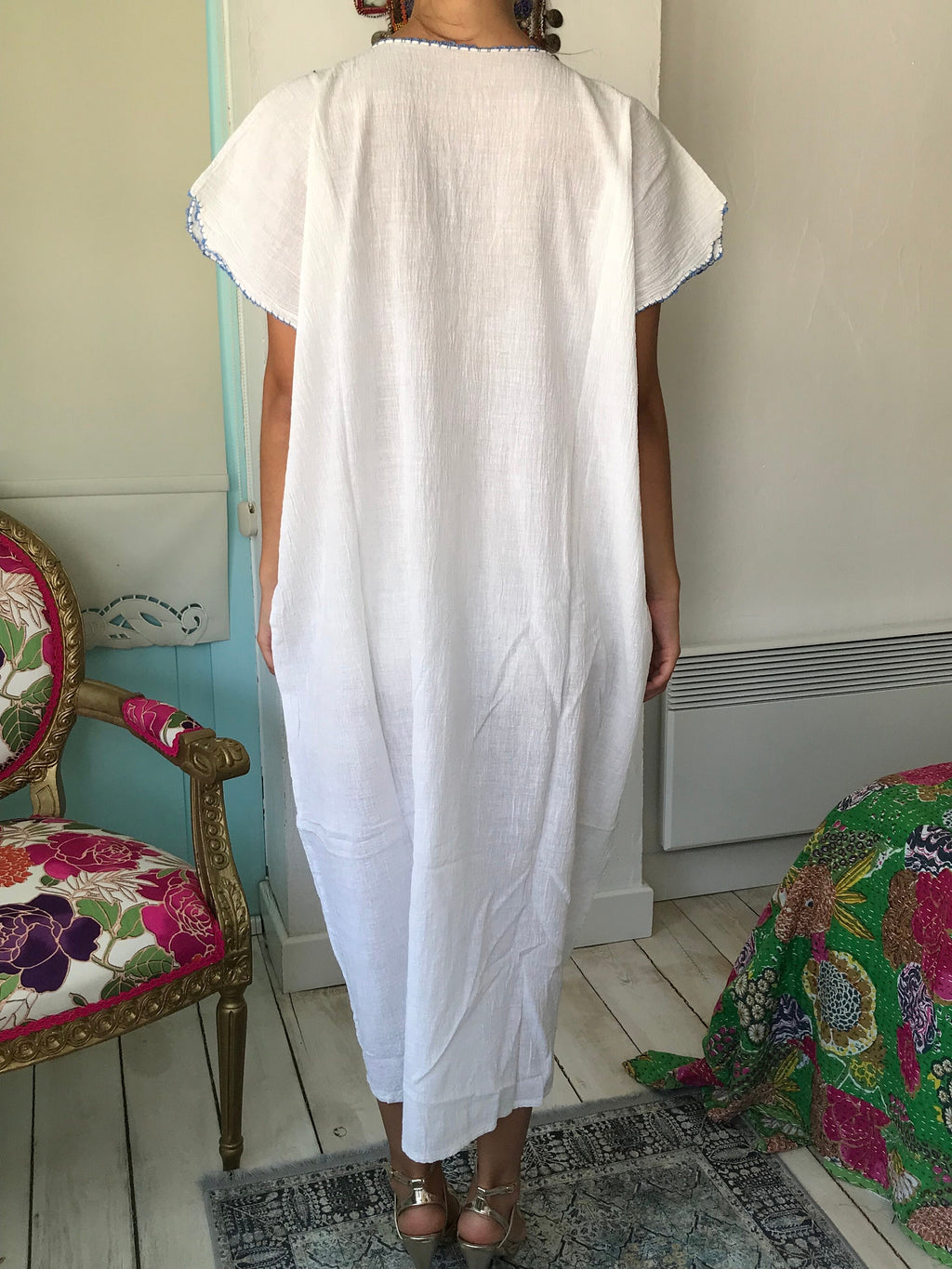 1970s hand loomed boho style  muslin dress with hand embroidered to the front