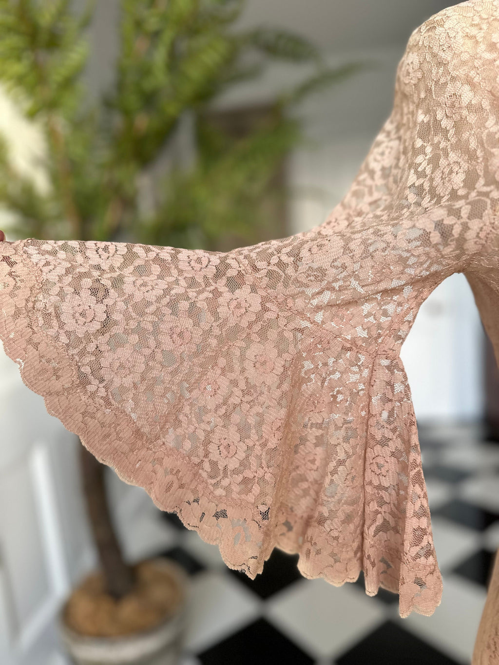 1970s Beige sheer lace peignoir robe with bell sleeves