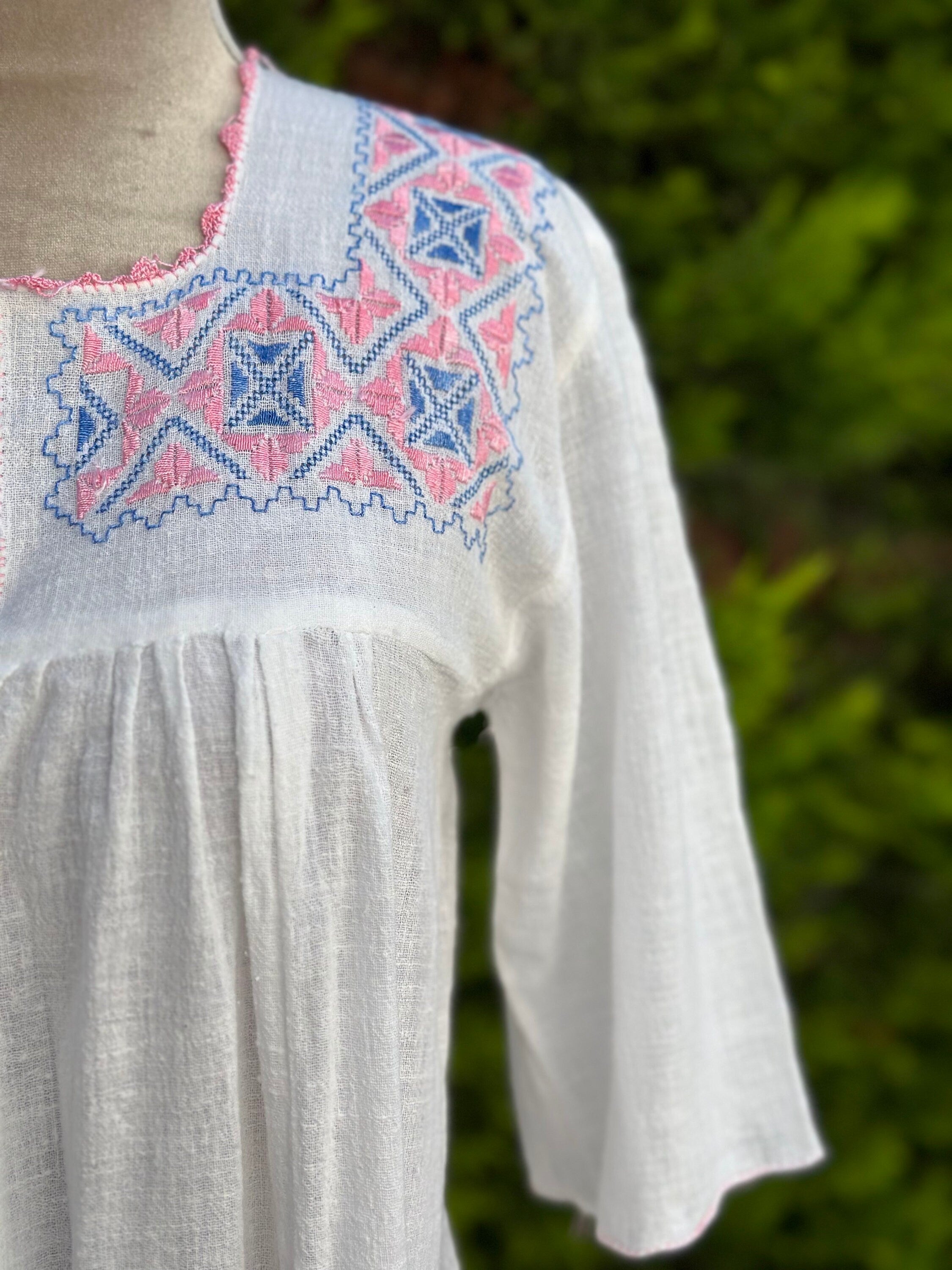 1940s Hand Embroidered Cotton Dress: Vintage Needlework Lace Trim