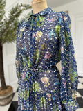 1970s Vintage Organdie Dress: Blue Green Floral Embroidered Long Sleeve