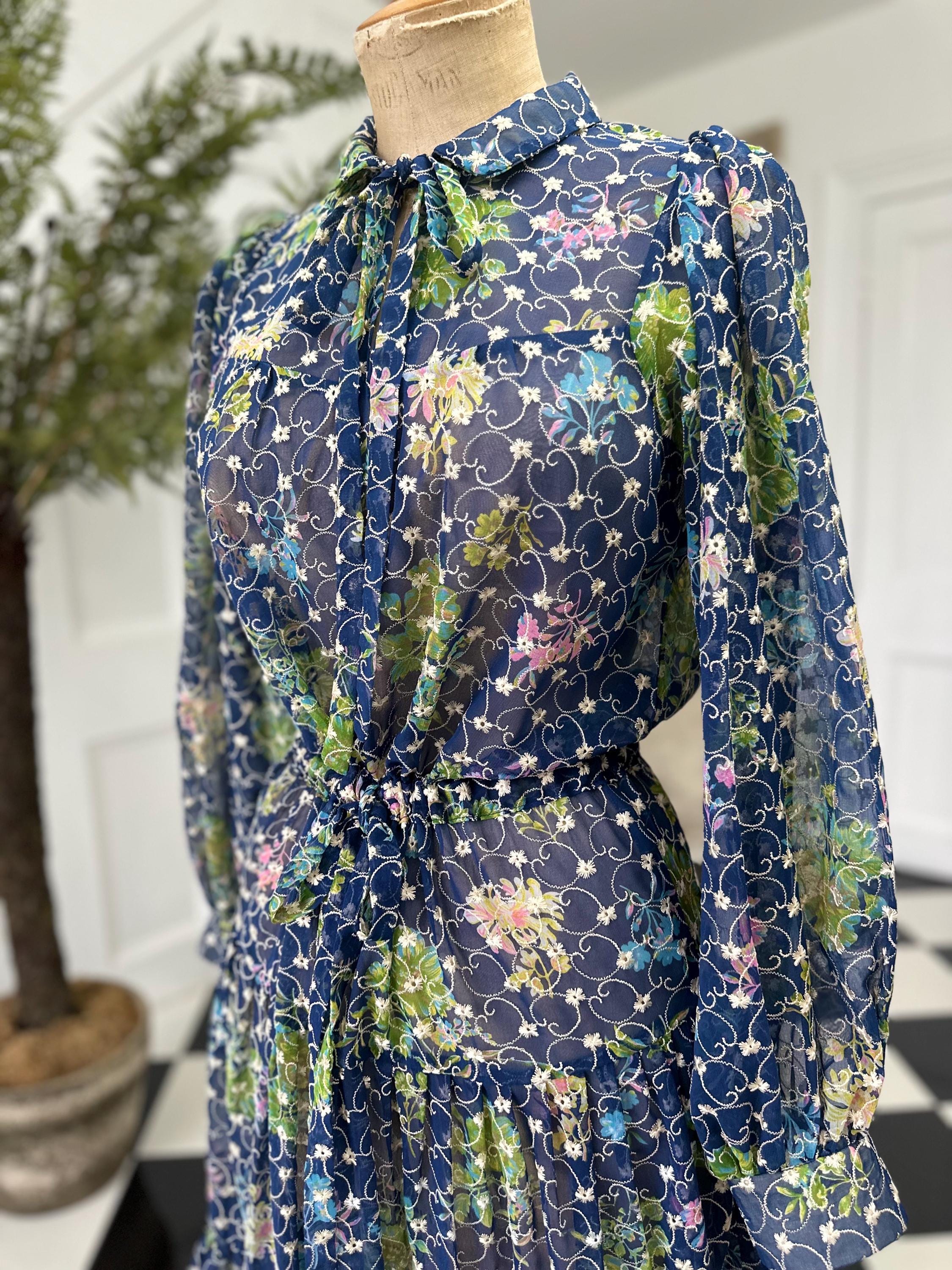 1970s Vintage Organdie Dress: Blue Green Floral Embroidered Long Sleeve