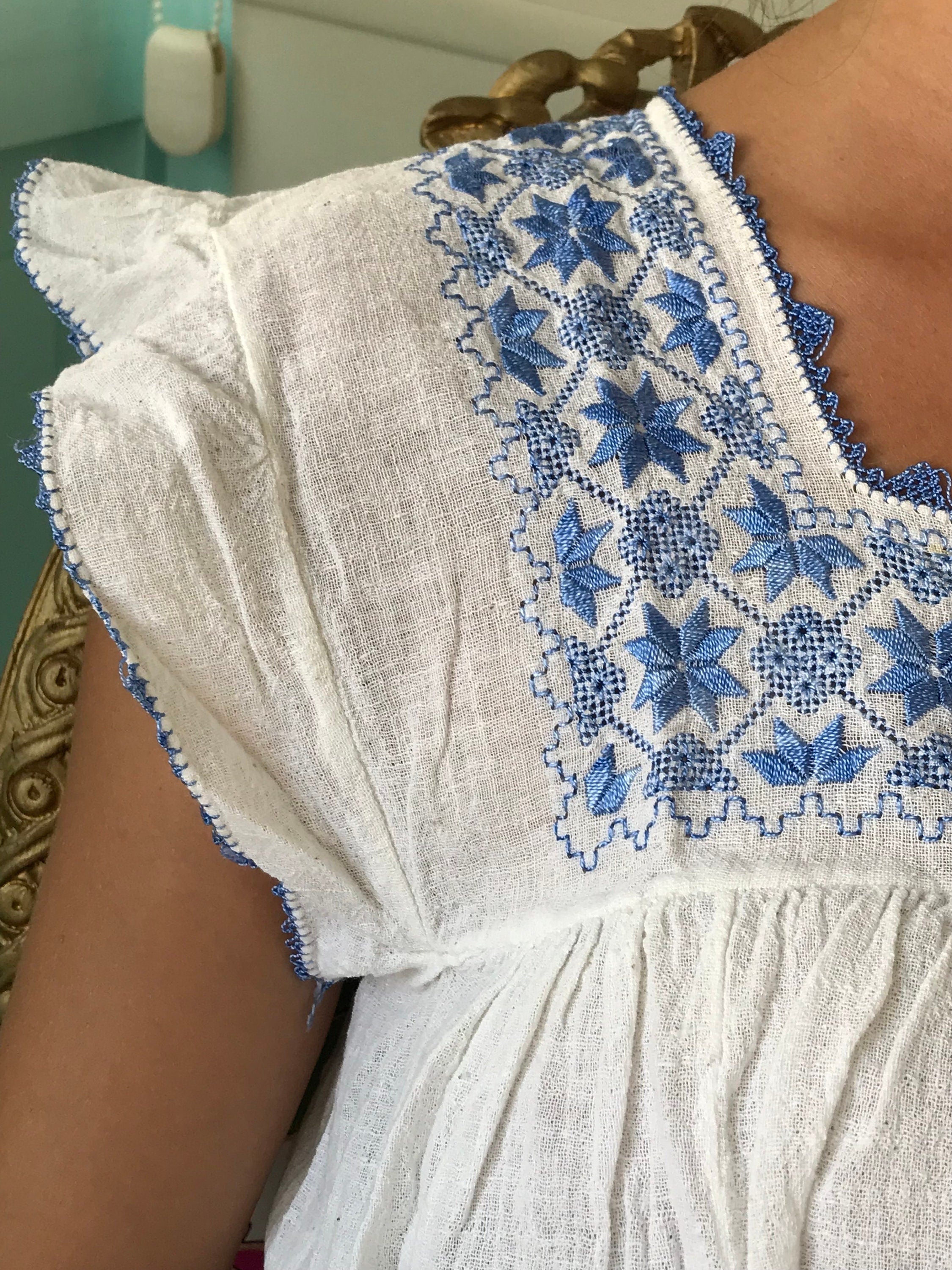 1970s hand loomed muslin dress with hand embroidered smock style